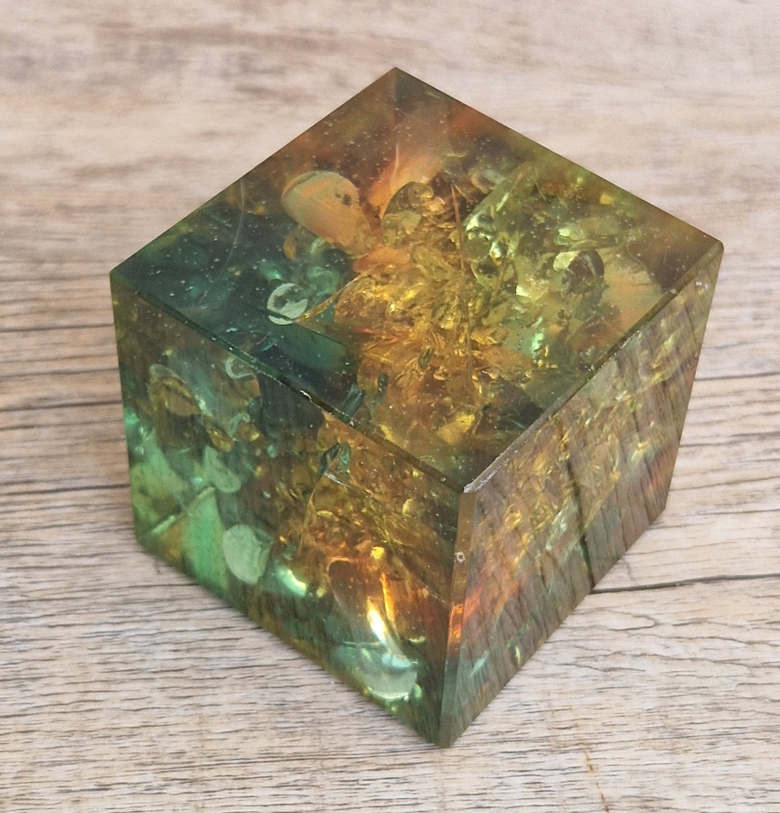 Vintage 1960s Shattaline Resin Cube Paperweight Amber Green Fractured Ice Mid Century Desk Ornament