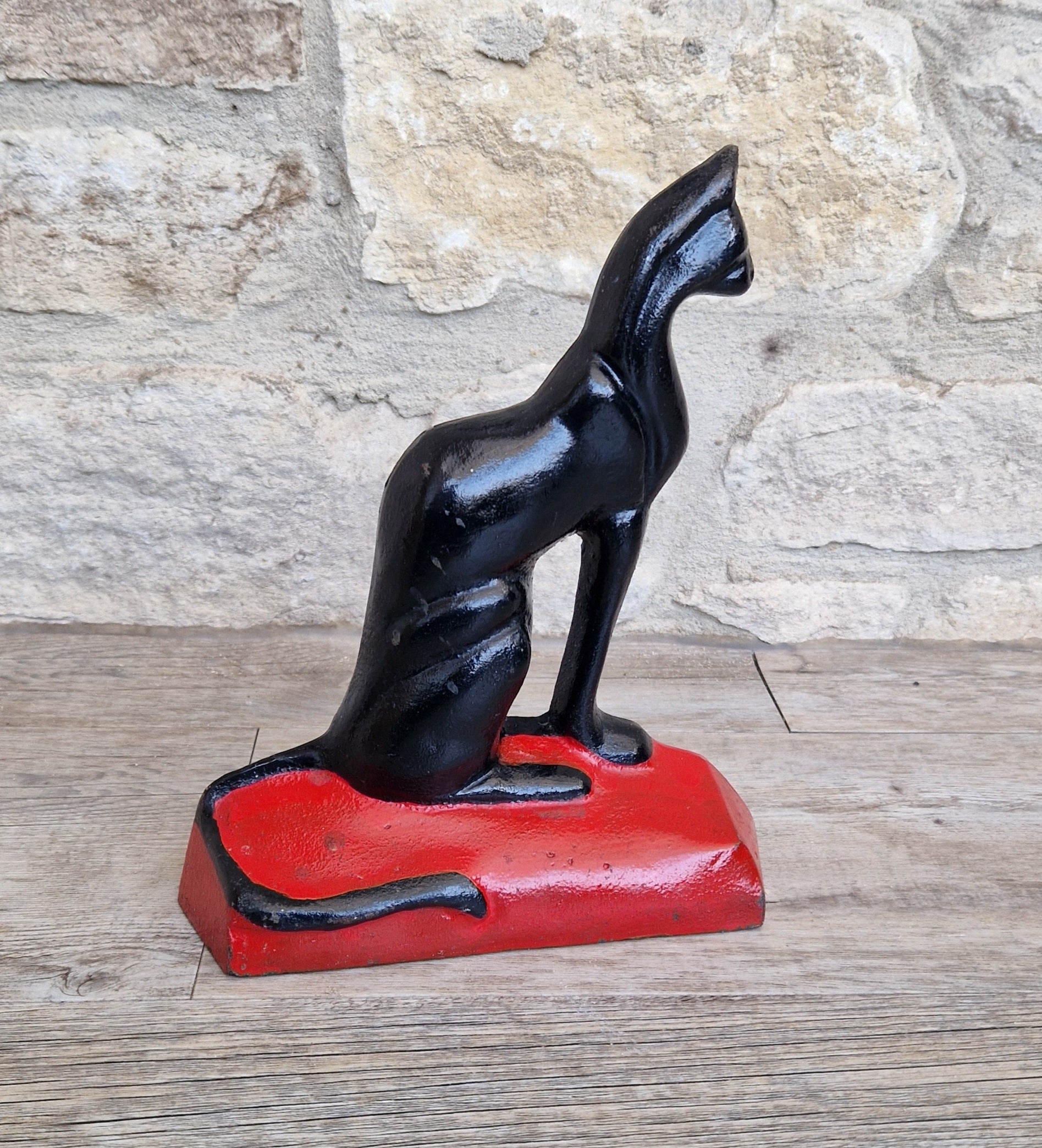 Antique Rare Cast Iron Art Deco Black Sitting Cat Doorstop