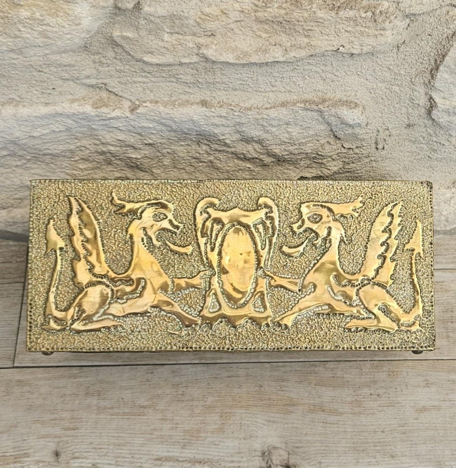 Arts and Crafts Letter Holder Brass and Wood Celtic Dragons England
