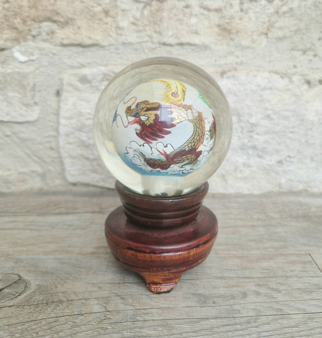 Vintage Chinese Reverse Painted Dragon & Pheonix Crystal Glass Ball Mounted Plinth