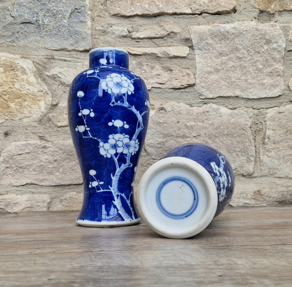 Pair Kangxi Style Blue & White Prunus Baluster Garniture Vases
