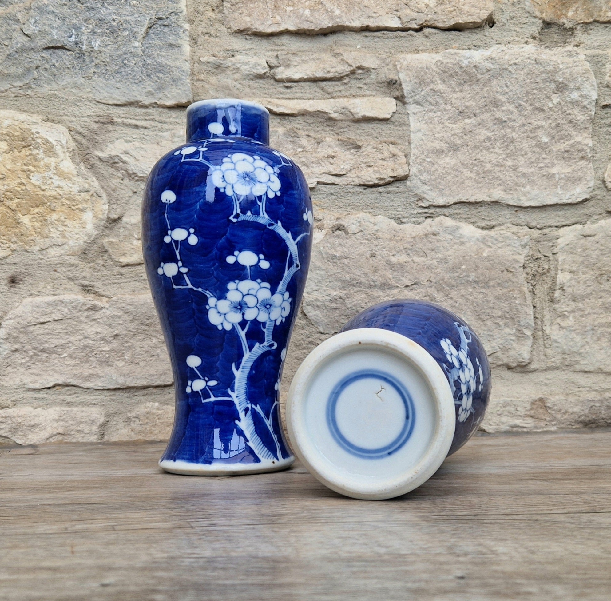Pair Kangxi Style Blue & White Prunus Baluster Garniture Vases