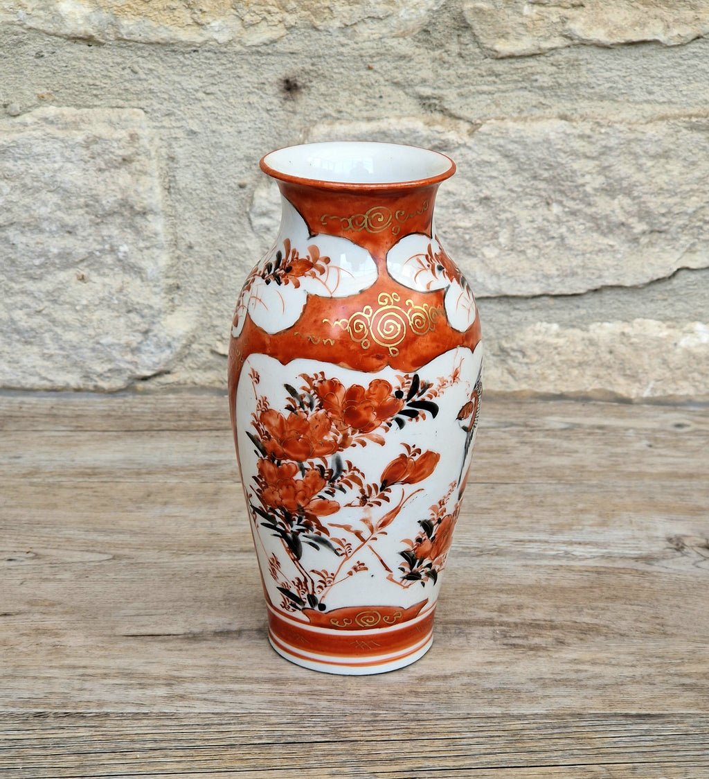 Small Antique Meiji Red Ground Gold Floral Hand-Painted Kutani Vase