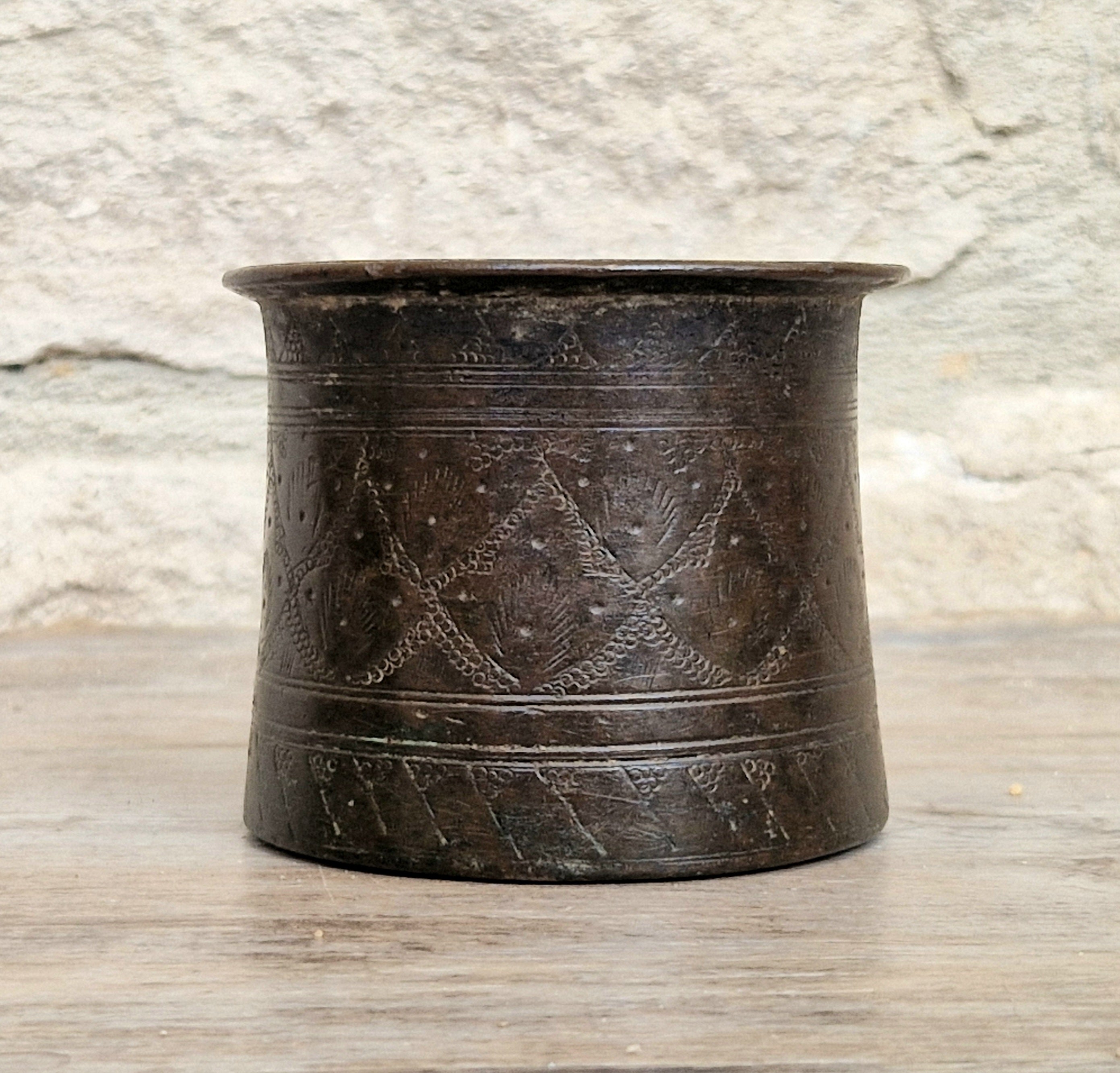 Antique 19thC Indian Bronze Panchpatra Holy Water Cup Heavy Cast Ritual Puja Pot 383g