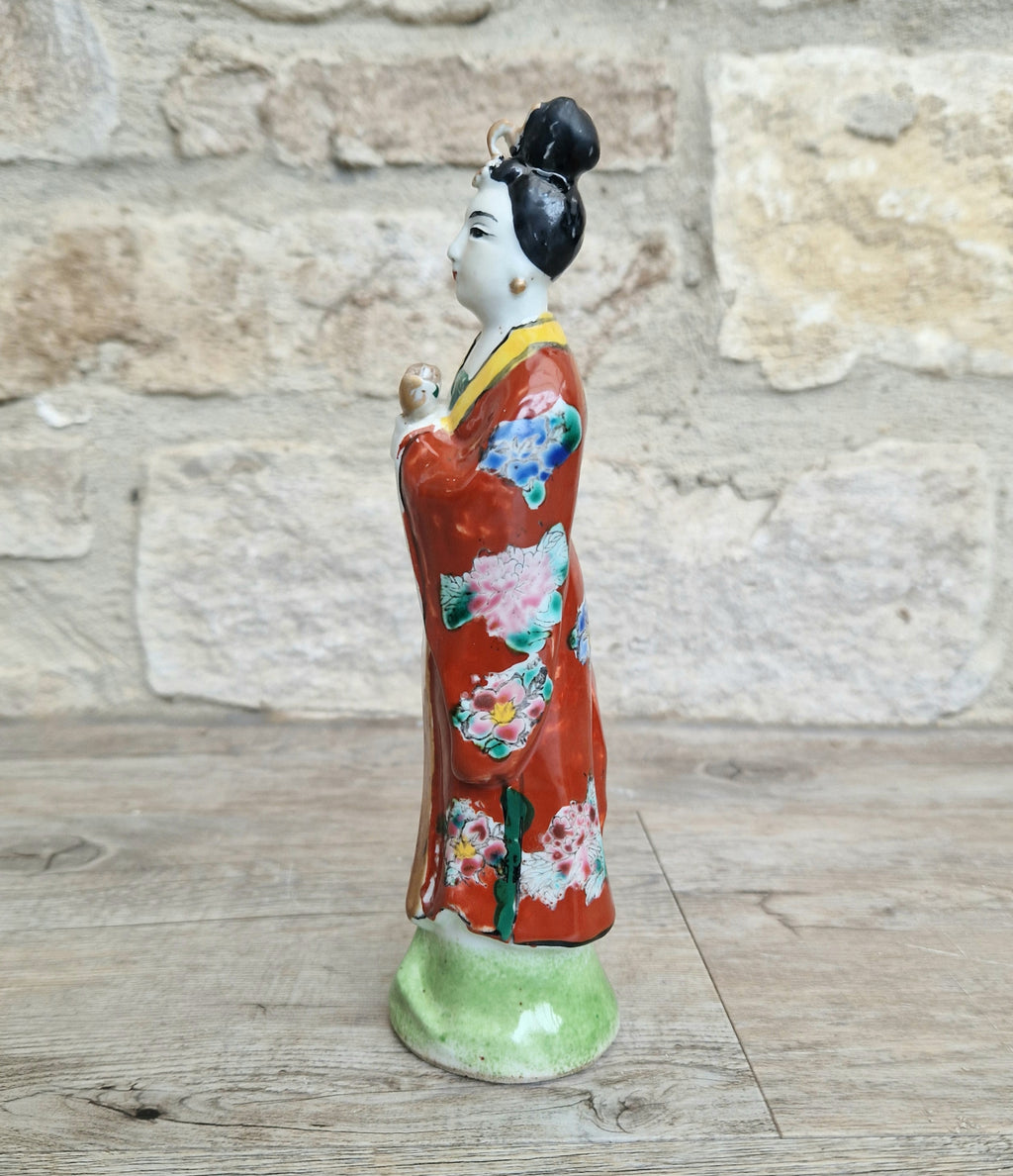 Antique Chinese Qing Hand-Painted Porcelain Figurine Statue Ho Hsien-Ku Daoist Immortal Maiden