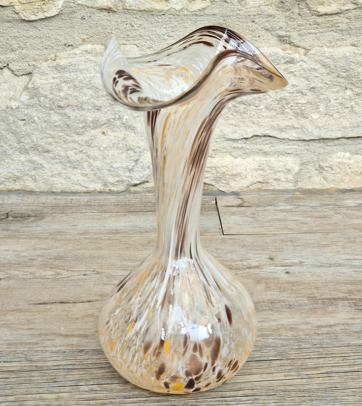 Vintage Art Glass Confetti Vase, Handblown Clear Glass with White, Amber, Brown Flecks, Flared Rim