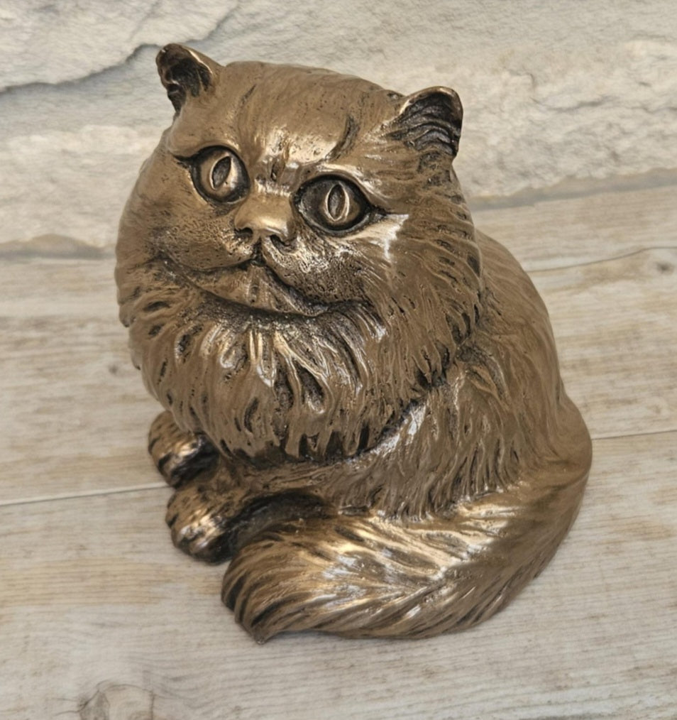 Vintage Heavy Sitting Fat Cat Figure Sculpture Cold Cast Bronze-Resin Signed 11cm Tall