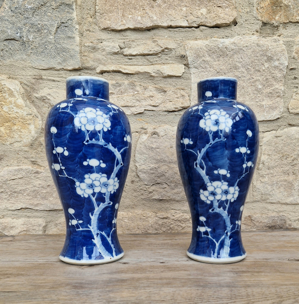 Pair Kangxi Style Blue & White Prunus Baluster Garniture Vases