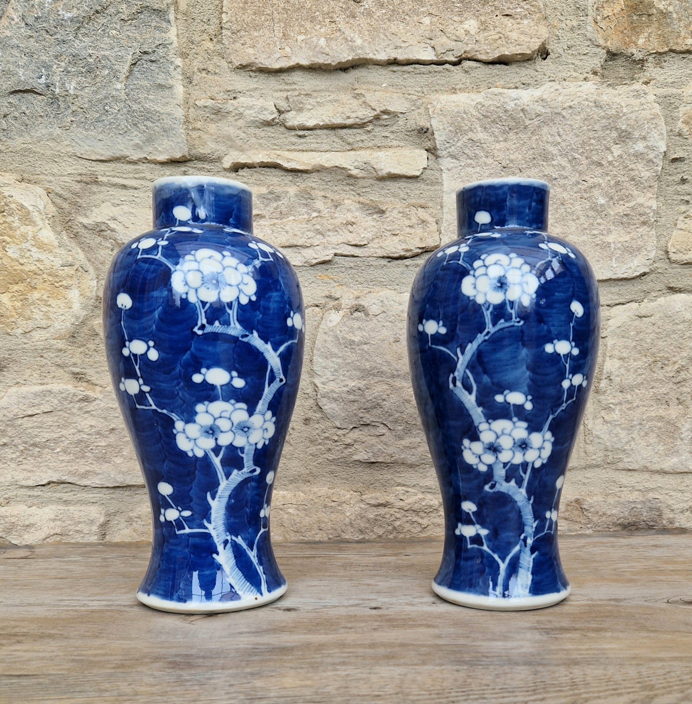 Pair Kangxi Style Blue & White Prunus Baluster Garniture Vases