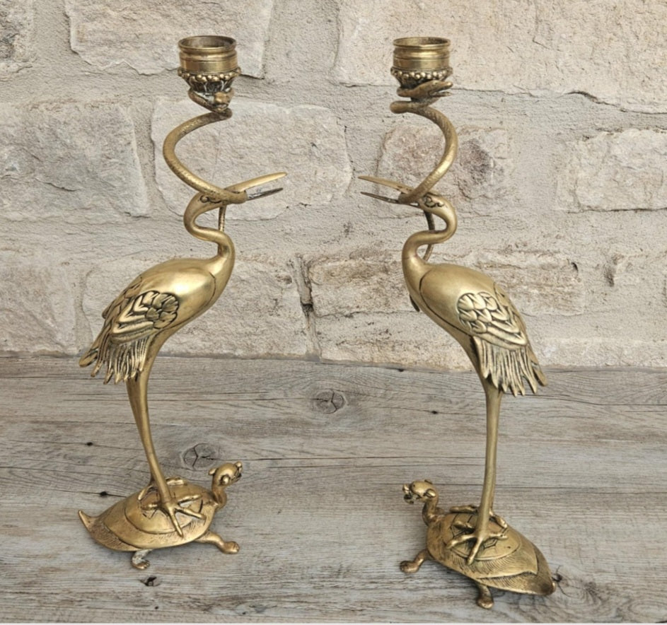 Pair of Antique Candlesticks Japanese Brass Crane Standing On Turtle With Snake Buddhist Early 20th C.