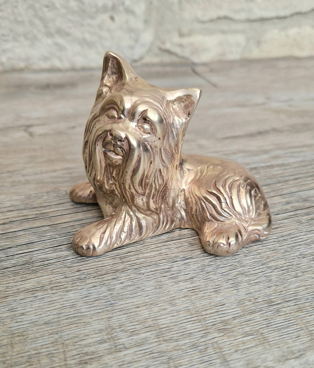 Vintage Solid Brass Yorkshire Terrier Figure Ornament 10cm