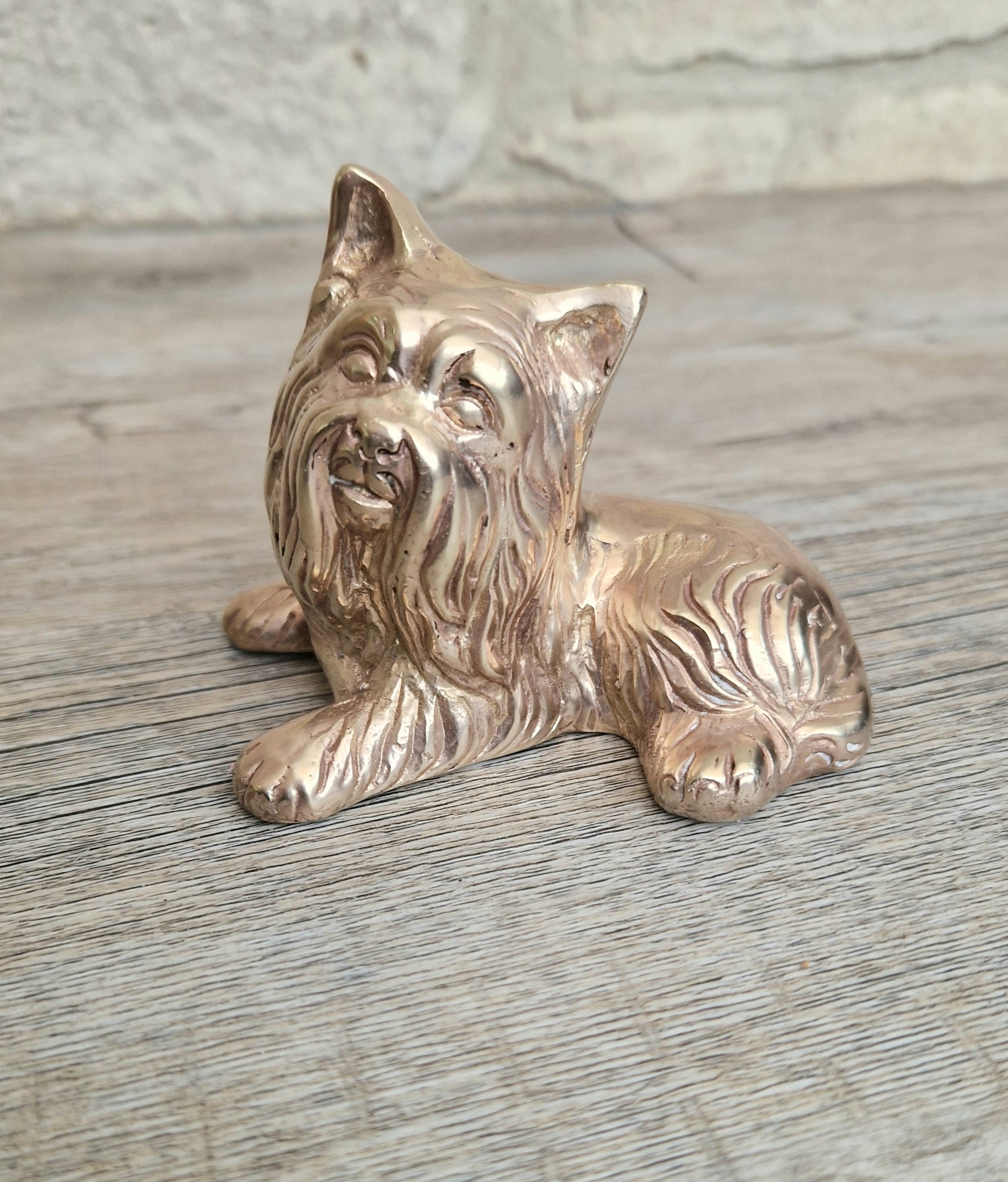 Vintage Solid Brass Yorkshire Terrier Figure Ornament 10cm