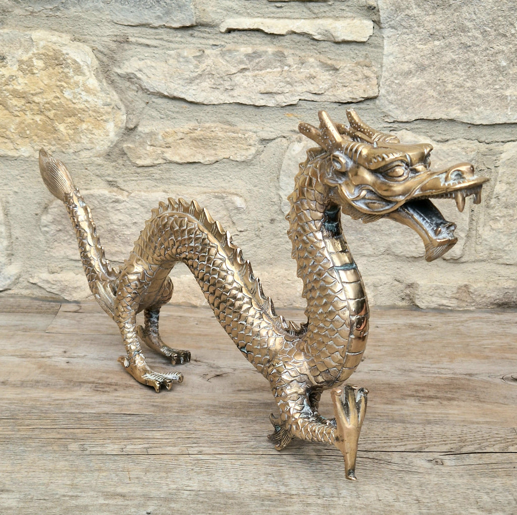 Mid Century High Quality Large Sand-Cast Brass Heavy Chinese Mythical Dragon Figure 51cm