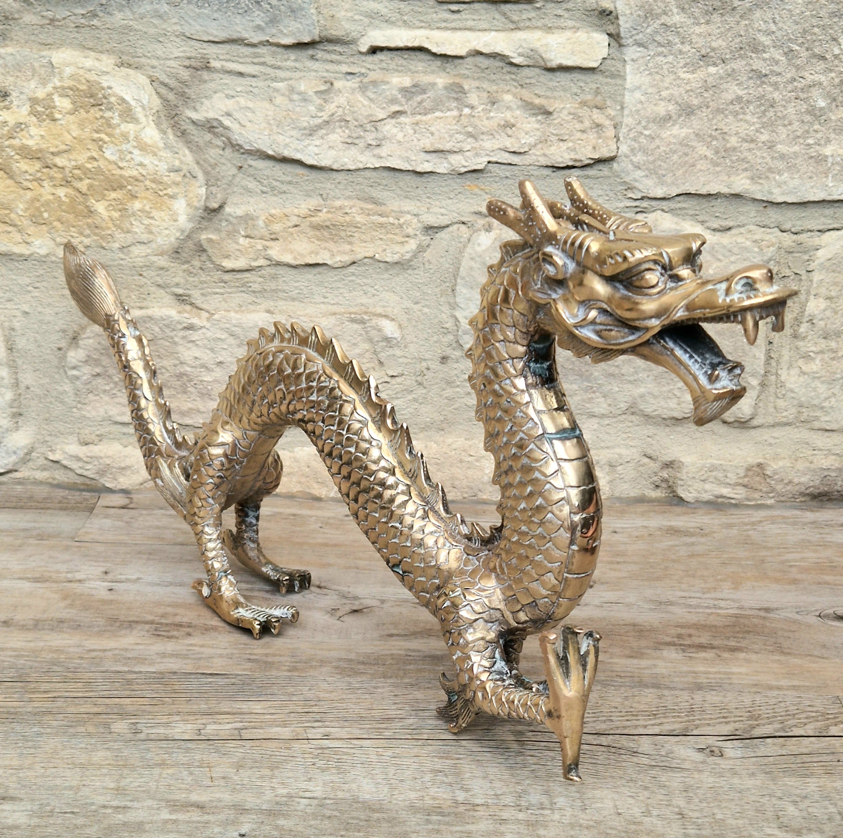 Mid Century High Quality Large Sand-Cast Brass Heavy Chinese Mythical Dragon Figure 51cm