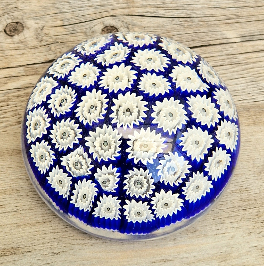 ALT Studio Murano Glass Deep Blue & White Star Flower Millifiore Paperweight