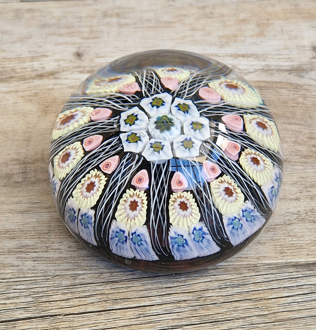 Strathearn Art Glass Paperweight 11 Spoke Millefiori with Filligree on Purple Ground Vintage