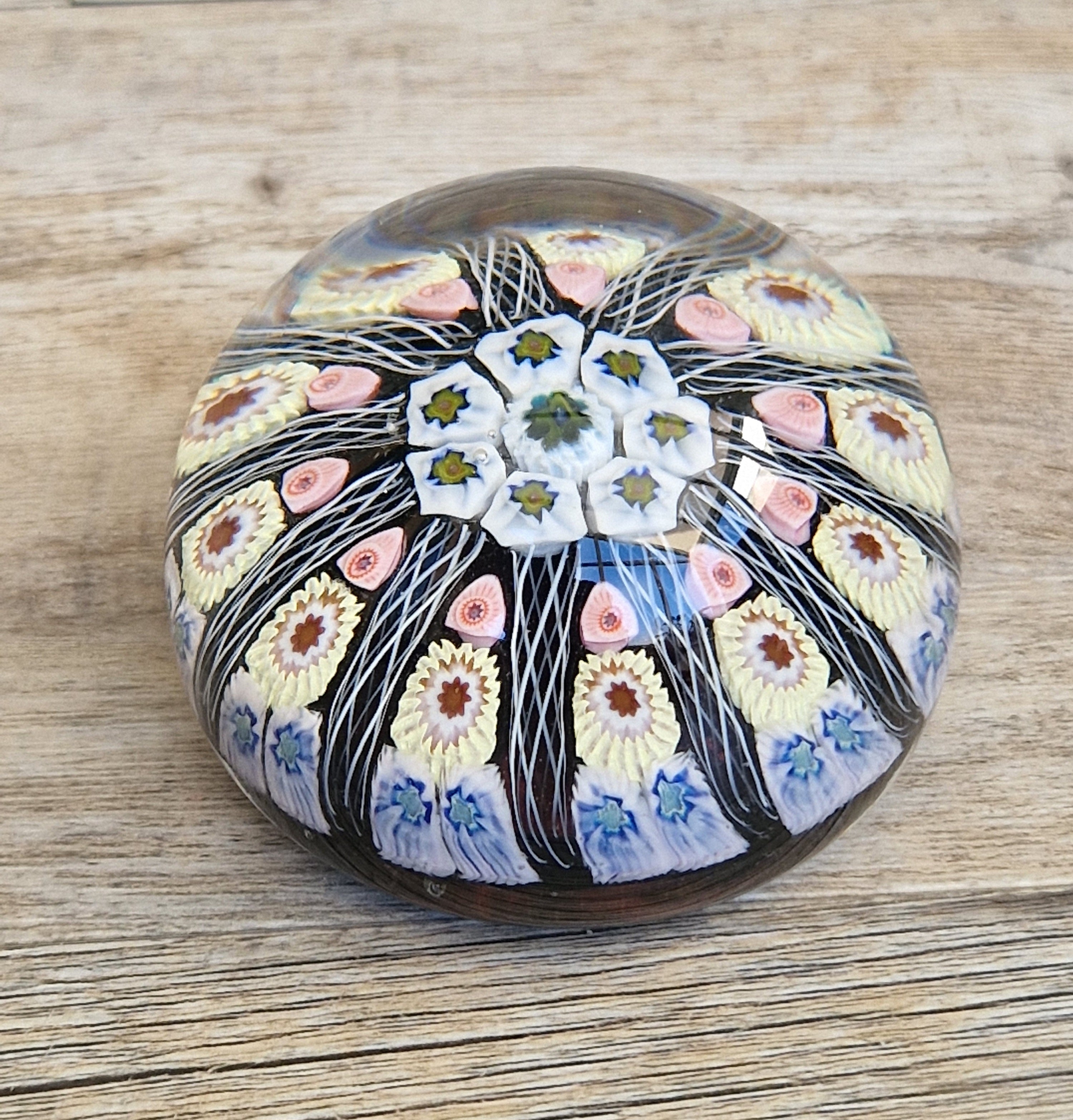 Strathearn Art Glass Paperweight 11 Spoke Millefiori with Filligree on Purple Ground Vintage