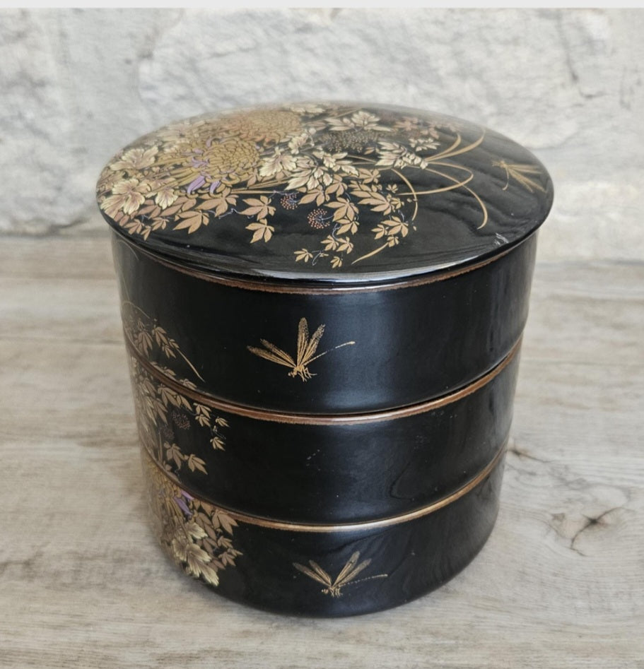 Japanese 3 Tiered Porcelain Lidded Box Butterfly Flowers Shibata Toki Vintage