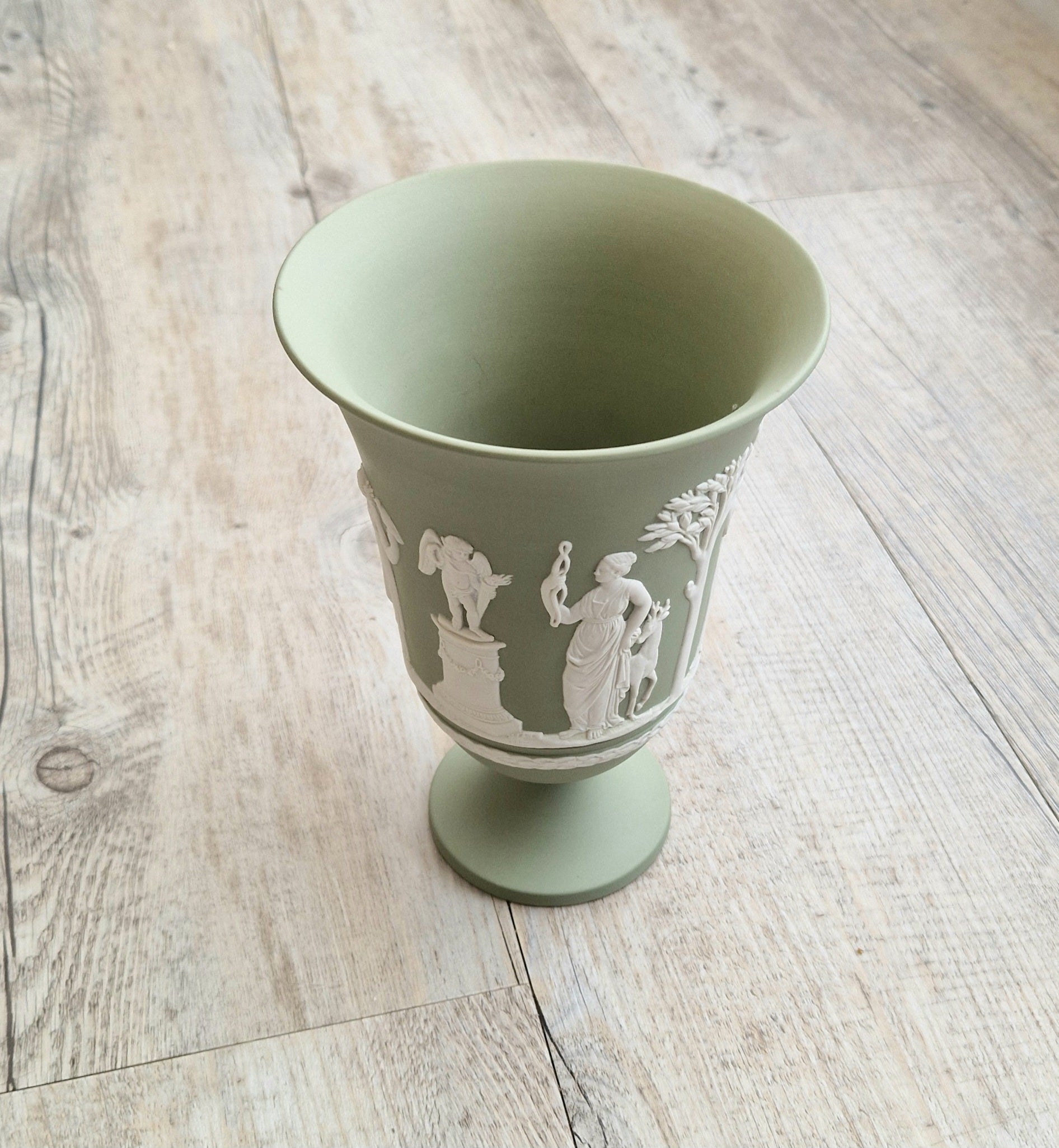 Wedgwood Sage Green Jasperware Arcadian Pedestal Trumpet Mantle Vase - Vintage.Made in England 17cm Tall