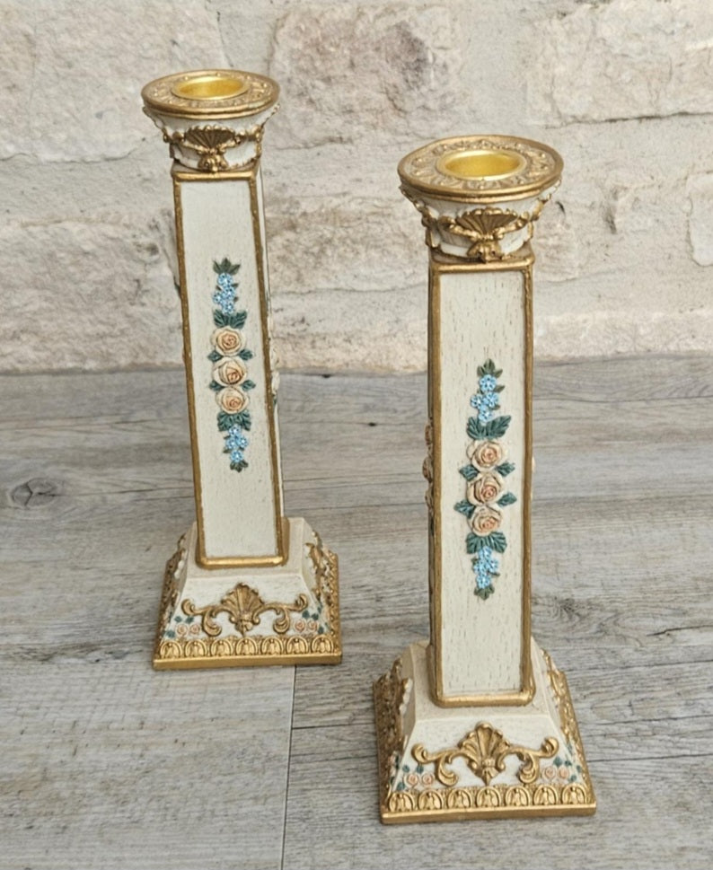 Ornate Vintage Pair Of Candlesticks Pedestal Column Resin Cream Gold Floral  9" Tall