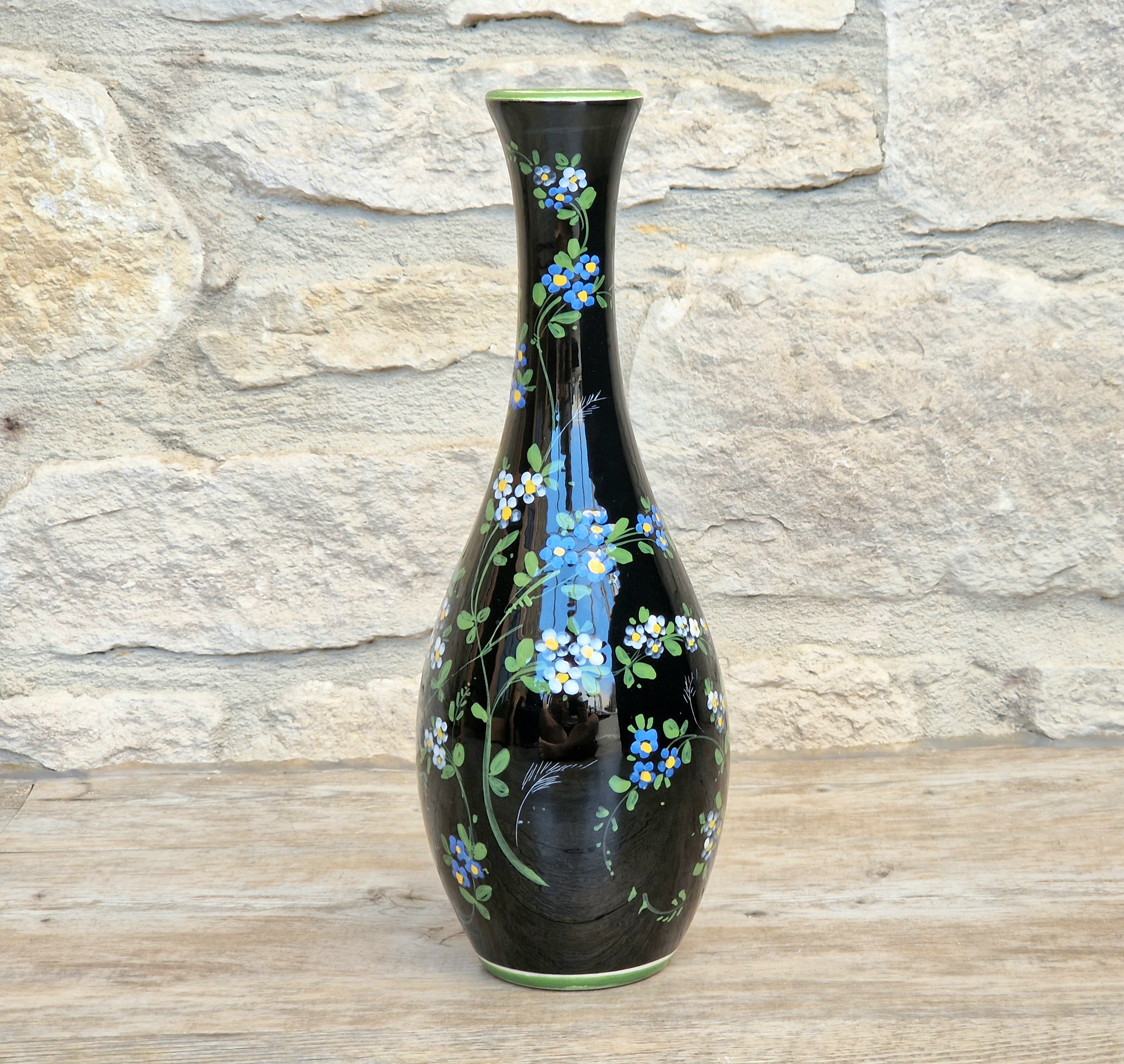 Marmaca San Marino Vase Art Ceramic Black Floral Amphora Tall Bottle Vase 1950's