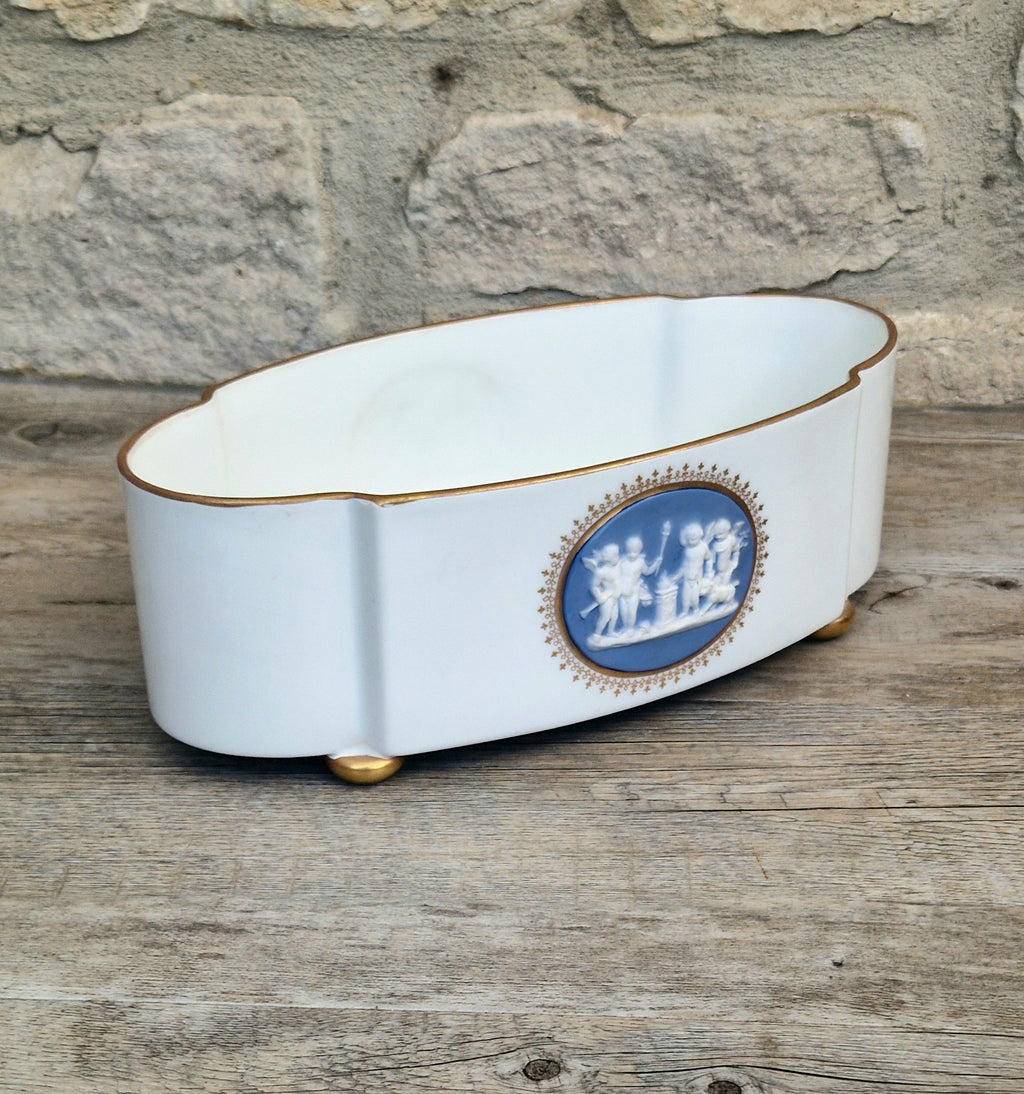 Vintage Vista Alegre Footed Centerpiece, White and Gold Porcelain Scalloped Planter Bowl Blue Jasperware Cherub Cameo