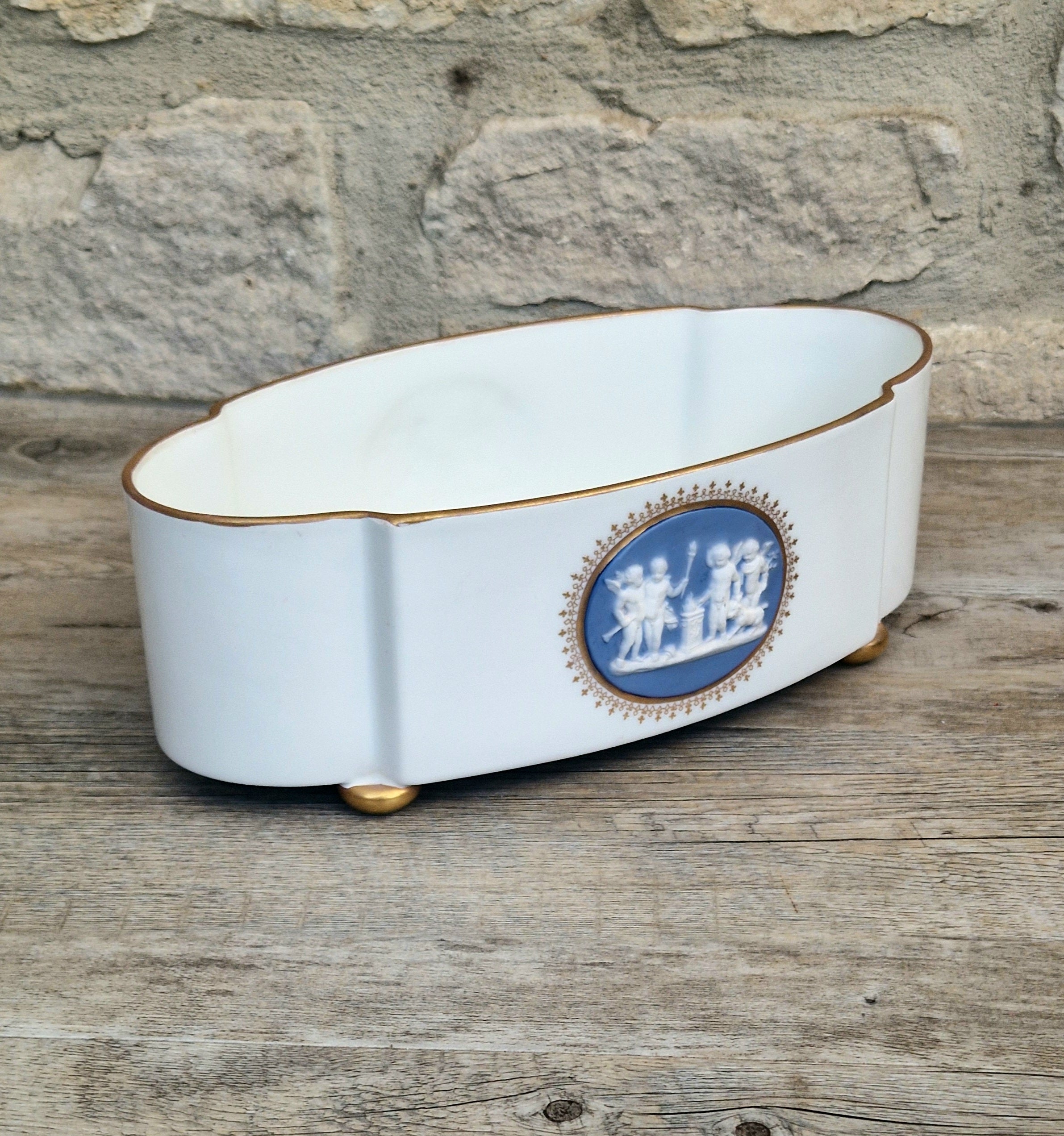 Vintage Vista Alegre Footed Centerpiece, White and Gold Porcelain Scalloped Planter Bowl Blue Jasperware Cherub Cameo