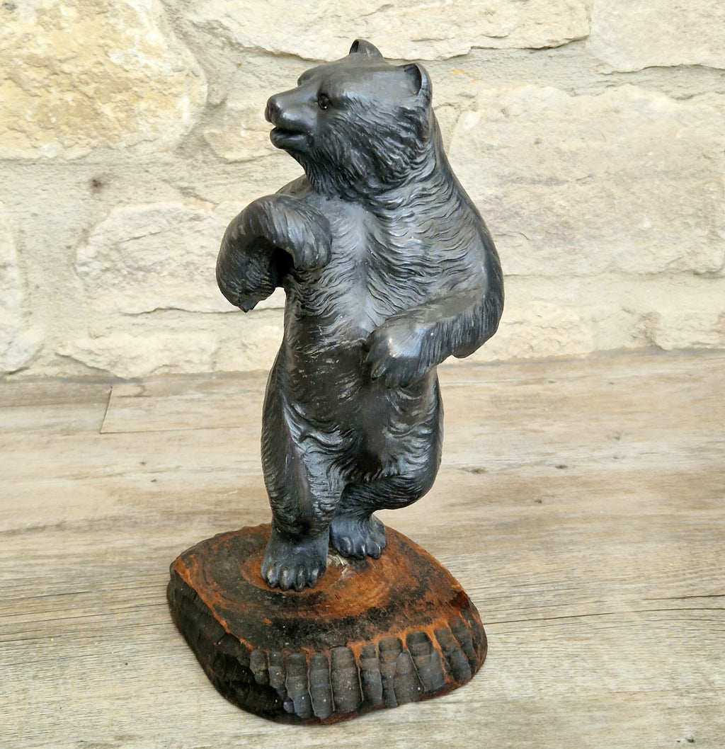 Cast Spelter Standing Bear Sculpture On Rustic Wood Base Rare Antique Art Deco