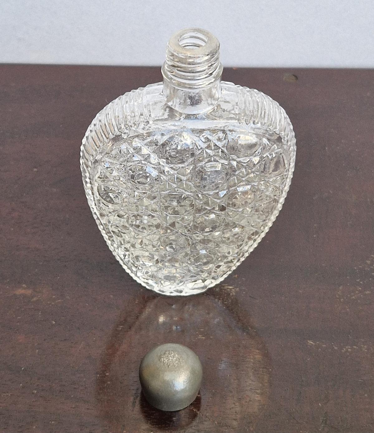 Antique Victorian Pressed Glass Heart Perfume Bottle Pocket Scent Flask Original Cap