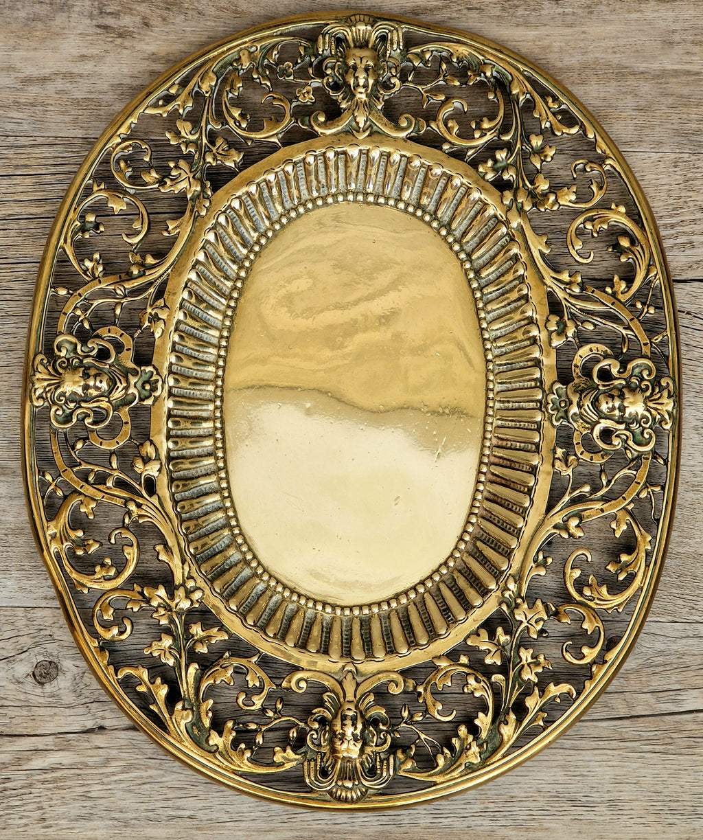 Antique 19thC Baroque Cast Brass Architectural Mount Appliqué Ornate Mascaron Filigree Vanity Card Tray Plate Hand-Tooled Pattern 1018