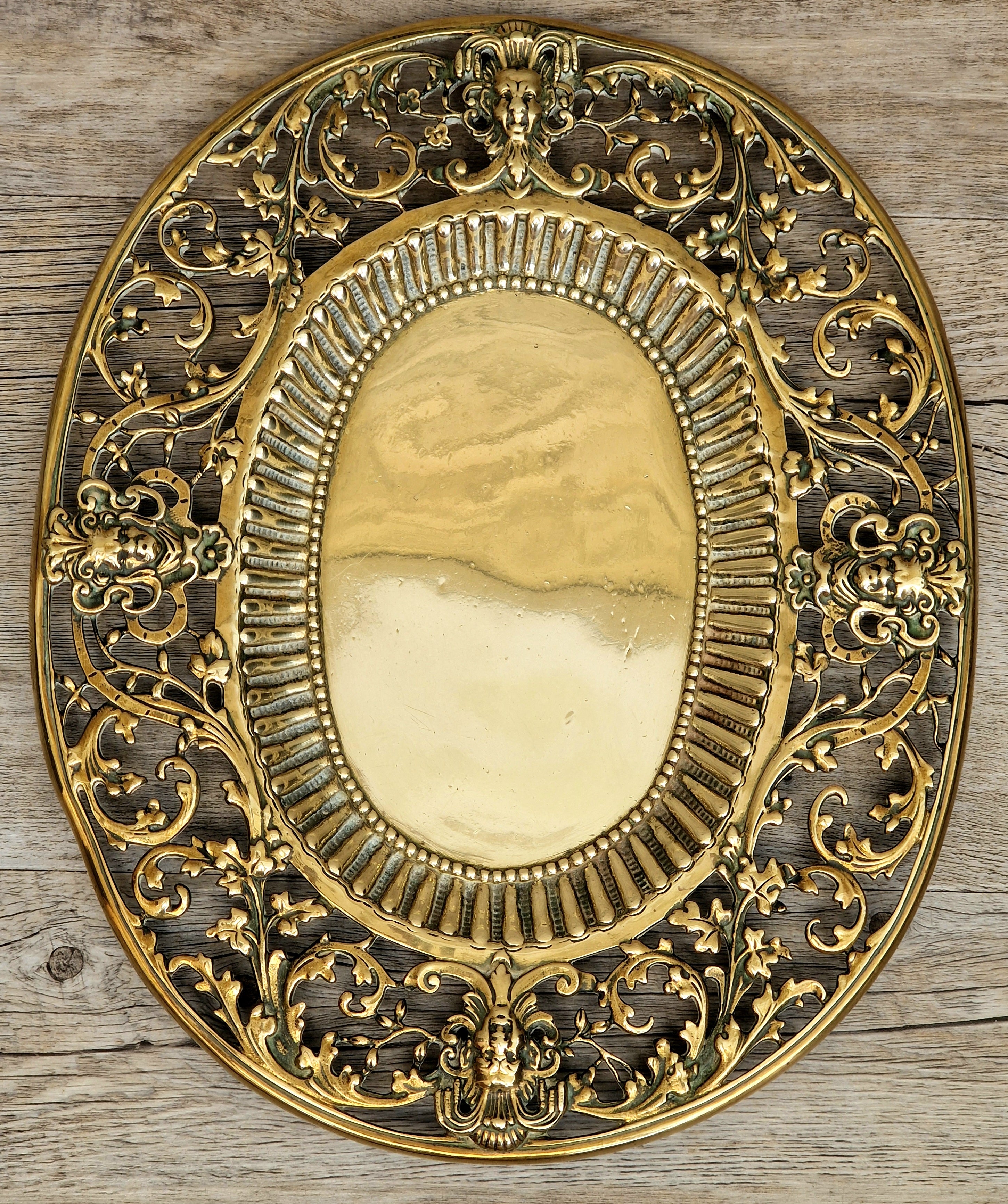 Antique 19thC Baroque Cast Brass Architectural Mount Appliqué Ornate Mascaron Filigree Vanity Card Tray Plate Hand-Tooled Pattern 1018