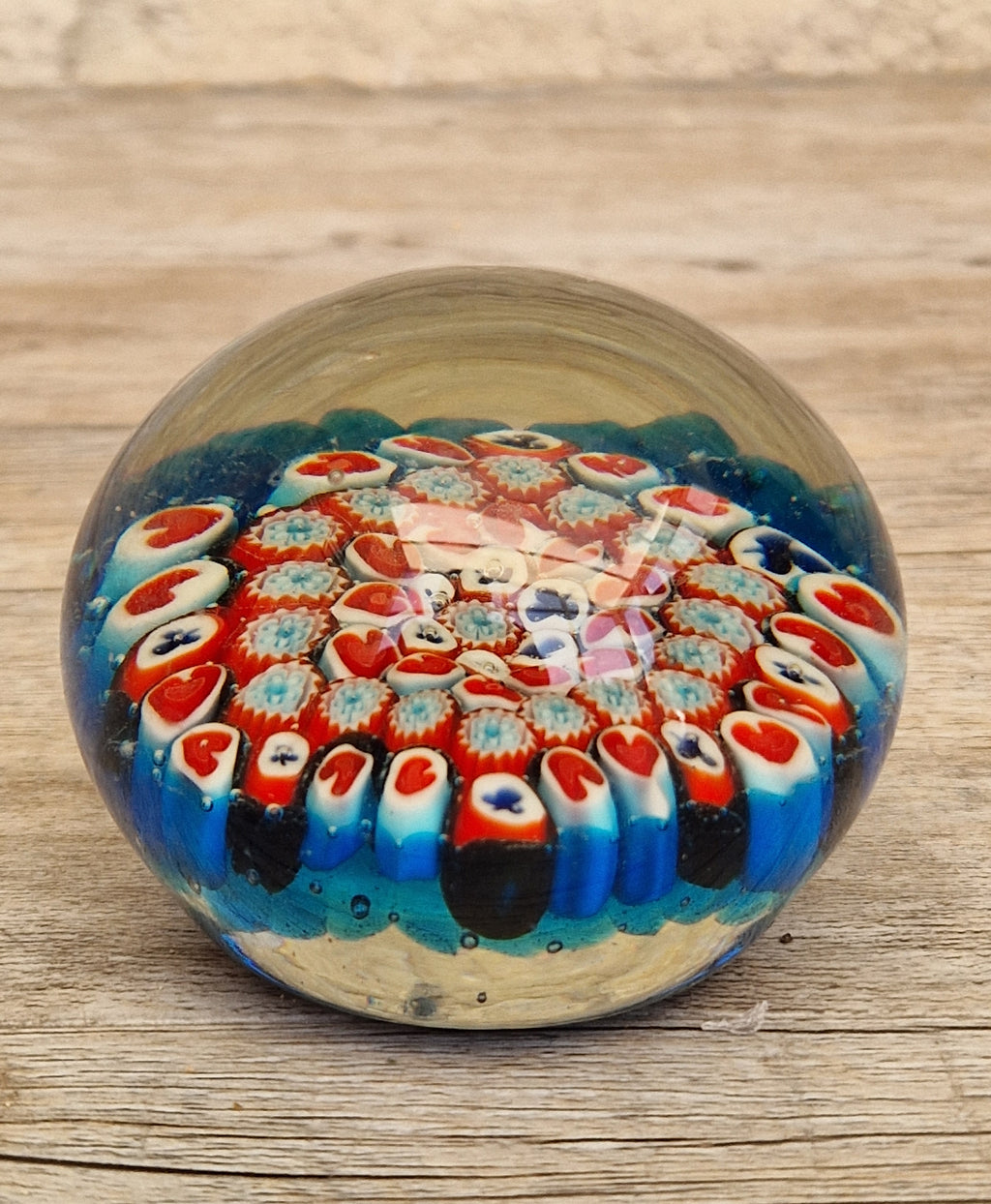 Vintage Murano Red and Blue Glass Hearts & Clubs Millifiore Round Paperweight