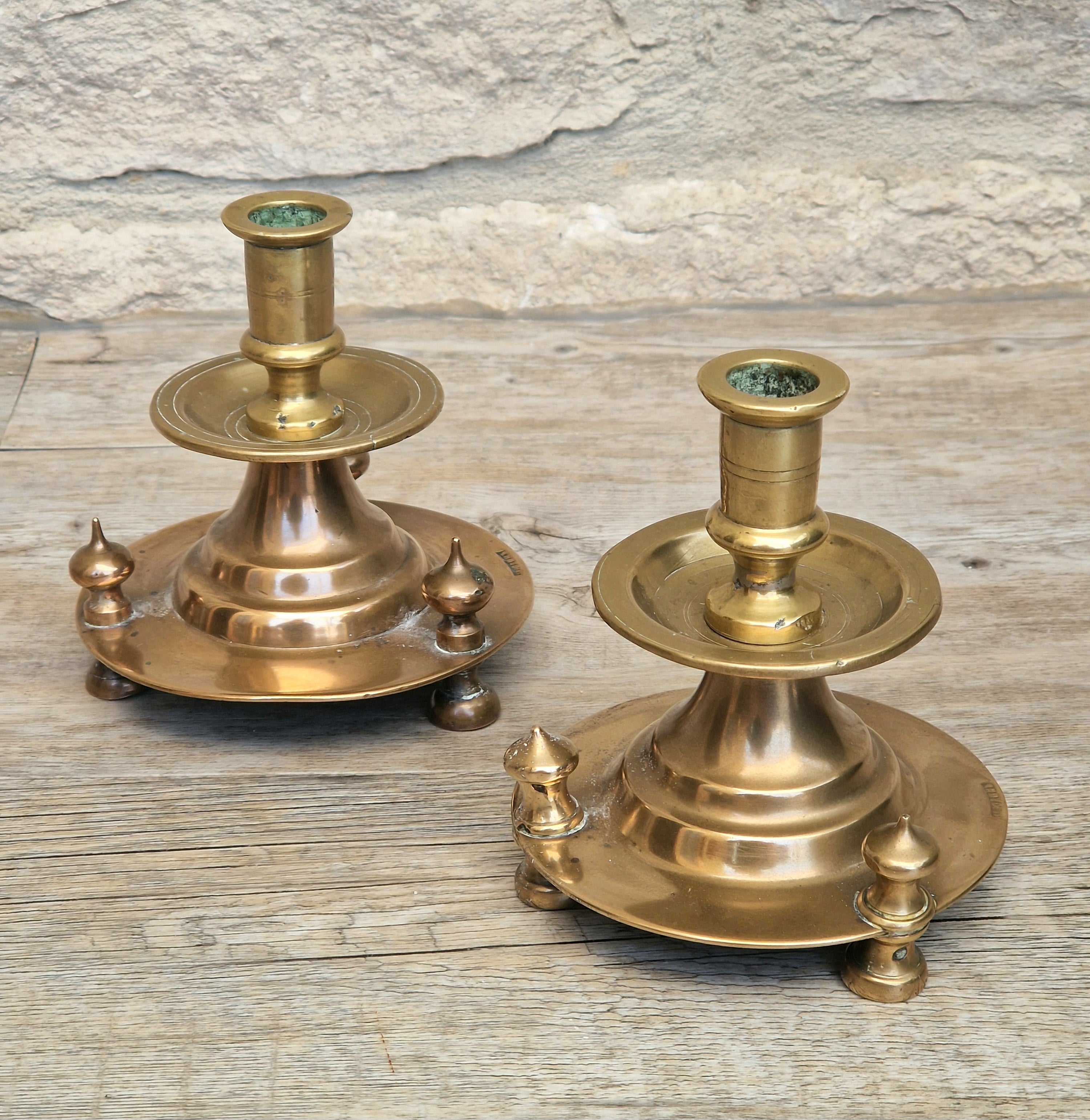 Pair of 19th Century Judin Signed Czarist Era Russian Bronzed Sabbath Bun Footed Capstan Candle Holders.