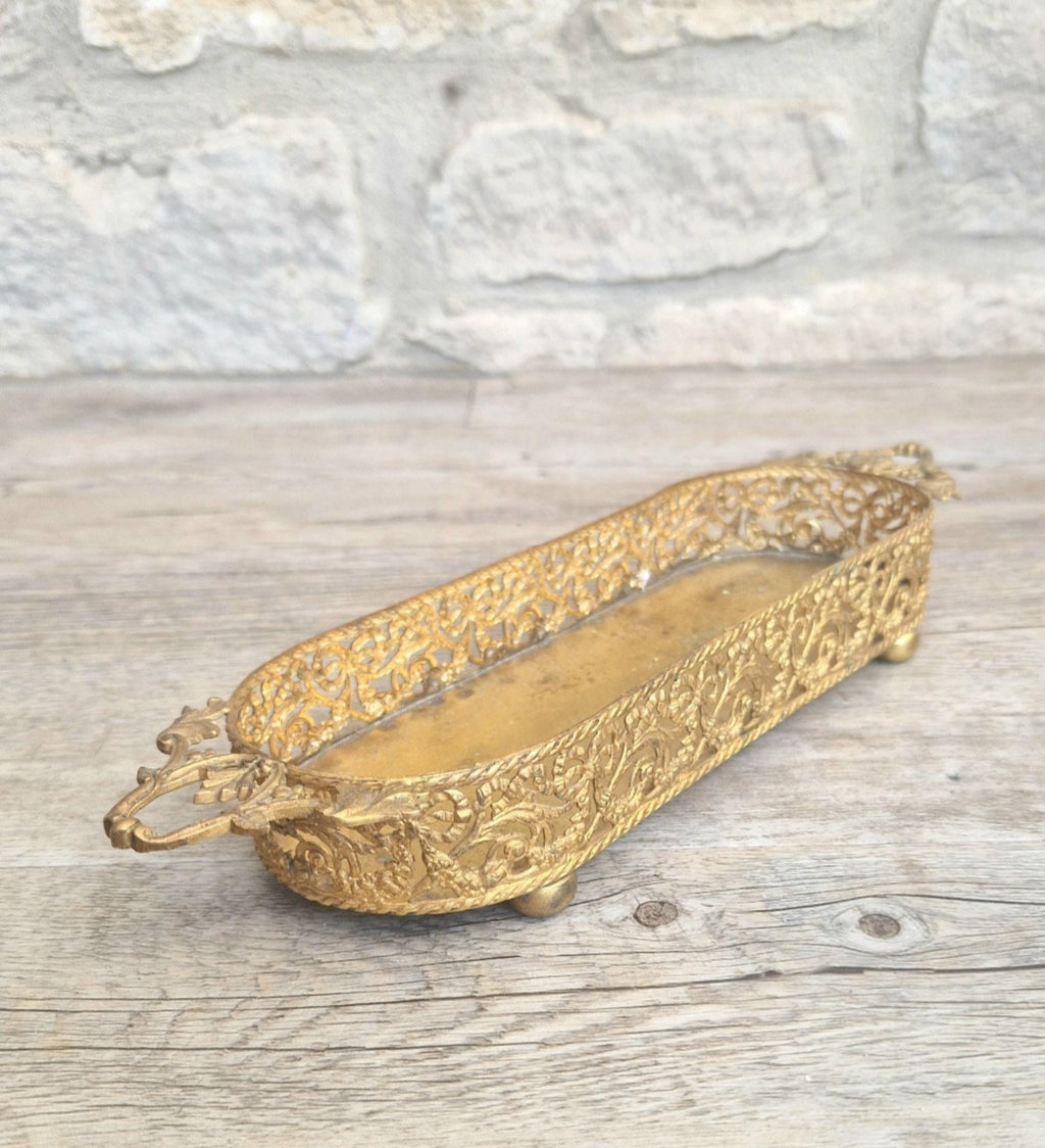 Antique Brass Filligree Rococo Style Desk Pen Tray Holder