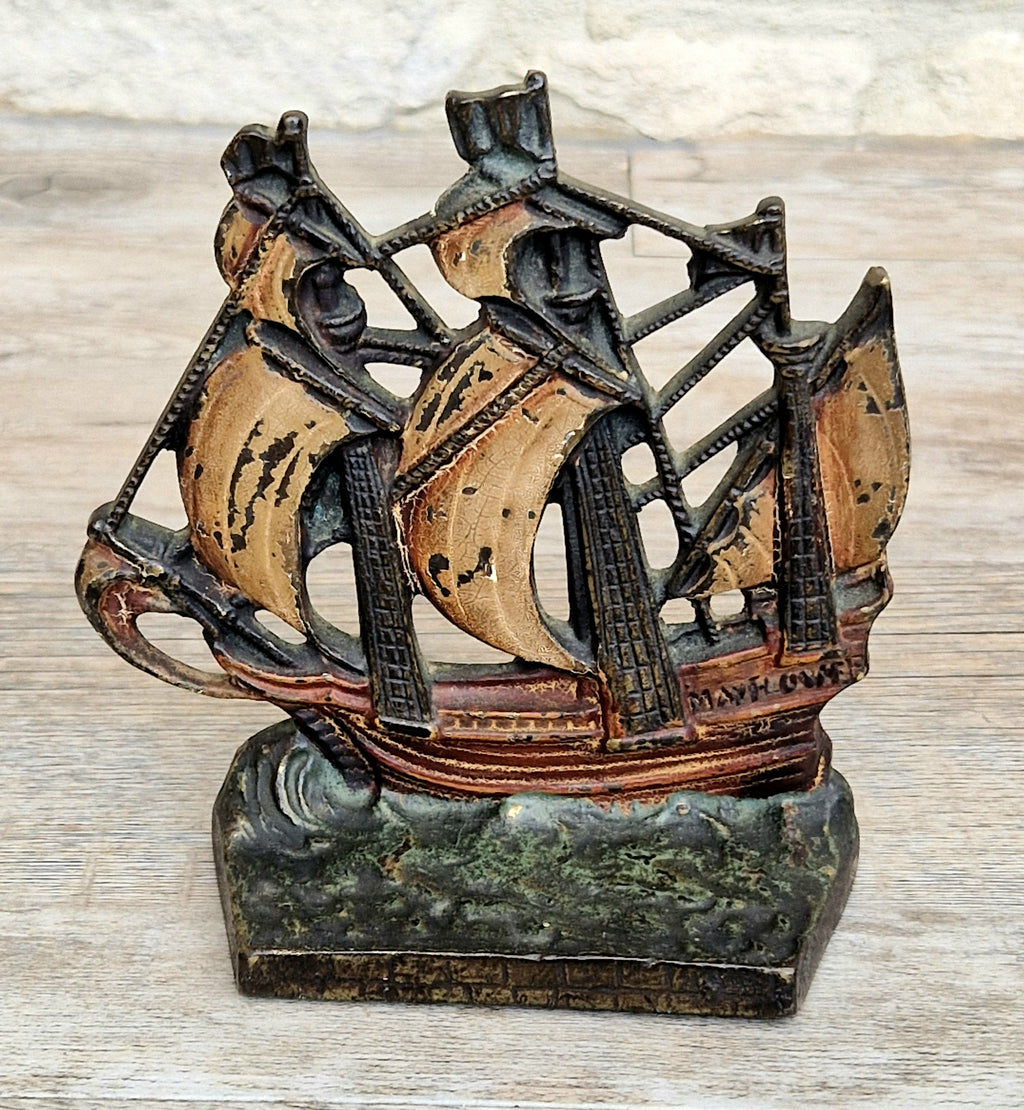 1920s Antique Sand Cast Bronze Mayflower Ship Bookend Paperweight Pattern 110 Original Paint
