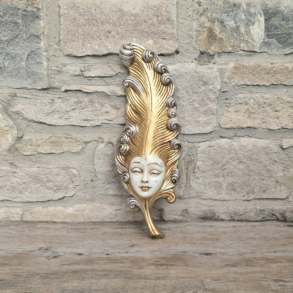 Vintage Venetian Wall Mask Feather Leaf Ceramic Gold Silver Made Italy 38cm Long