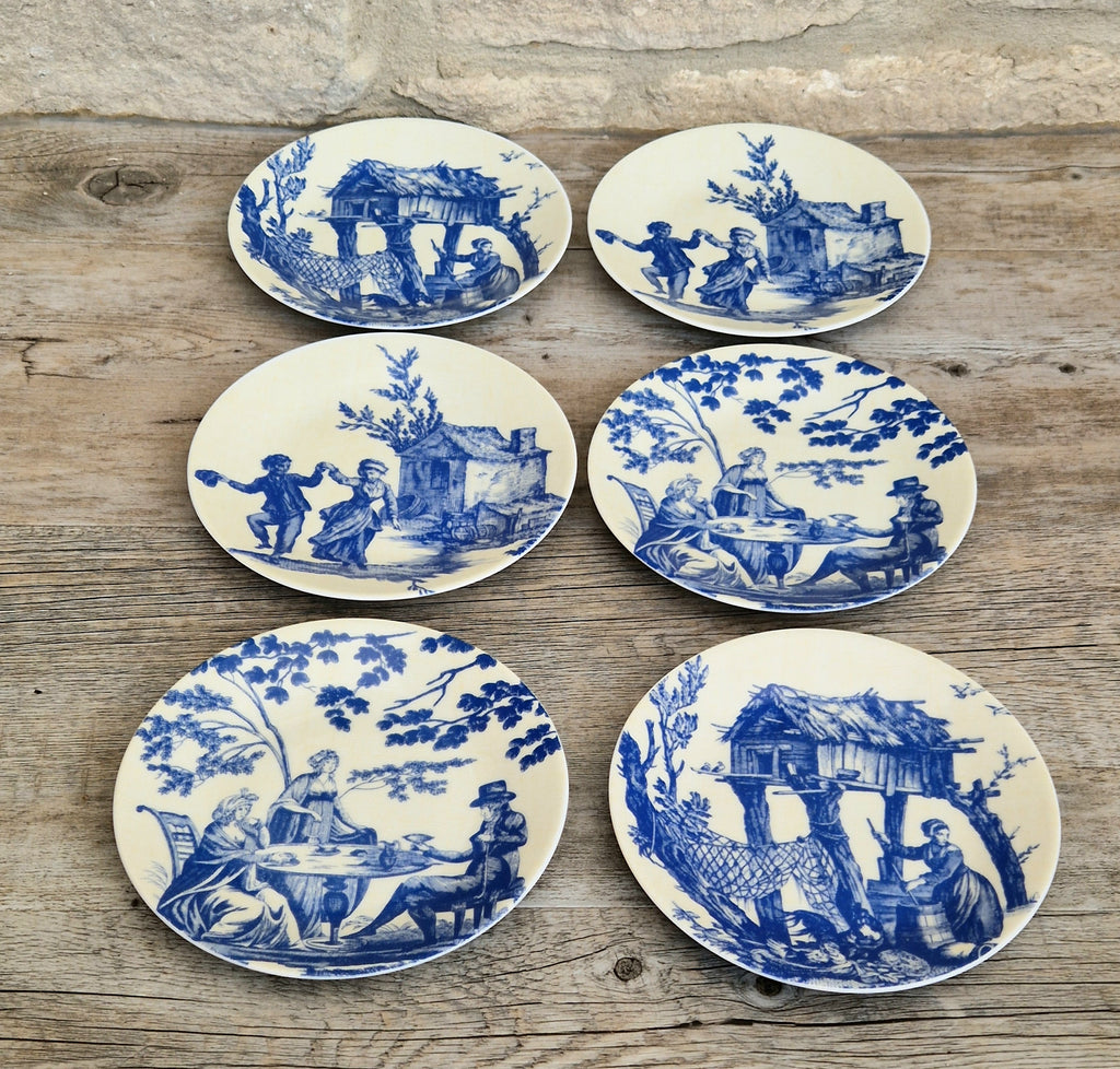 Set of Six Toile De Jouy Blue Salad or Dessert Plates Philippe Deshoulieres France. Boxed & Unused