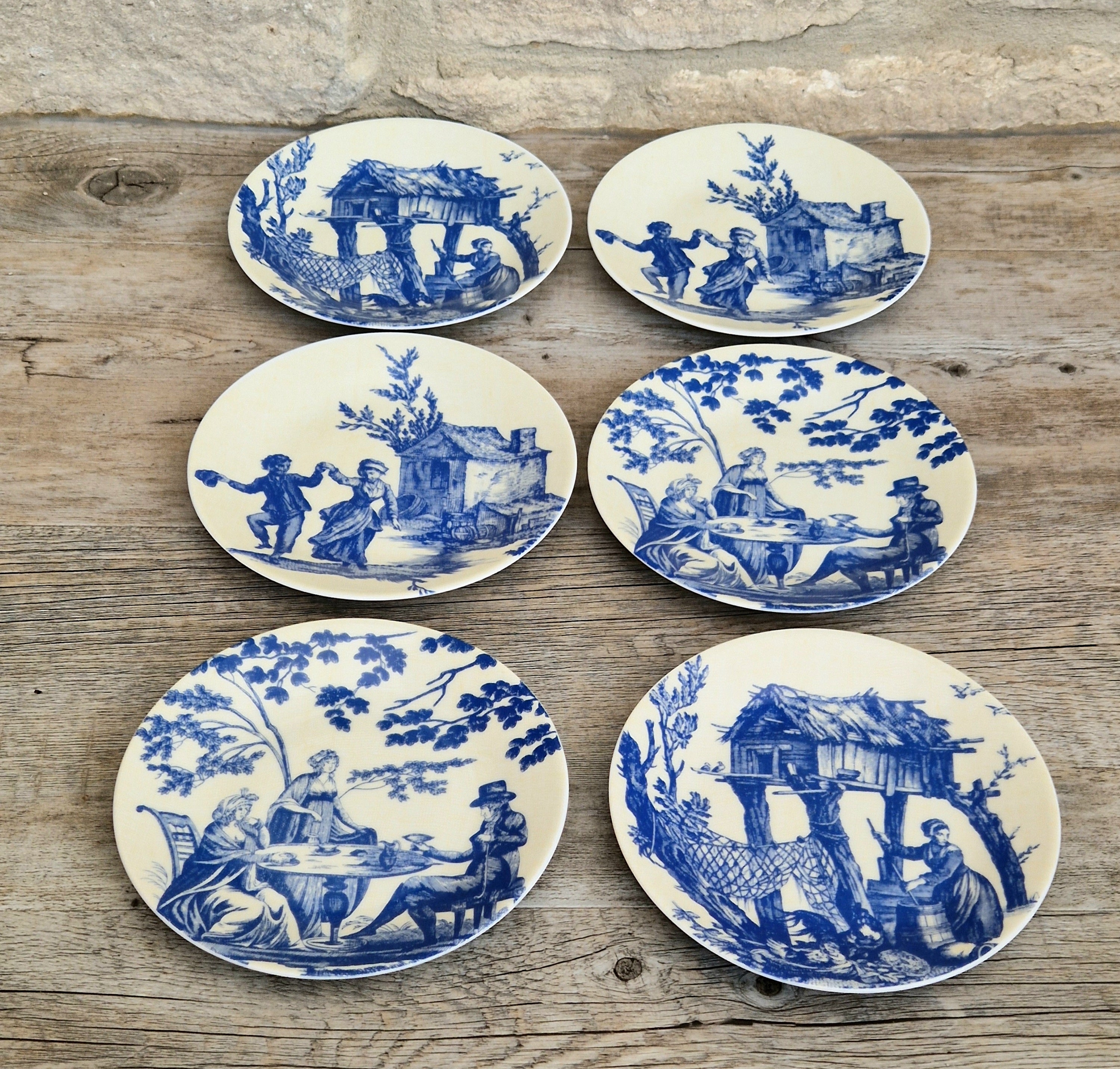 Set of Six Toile De Jouy Blue Salad or Dessert Plates Philippe Deshoulieres France. Boxed & Unused