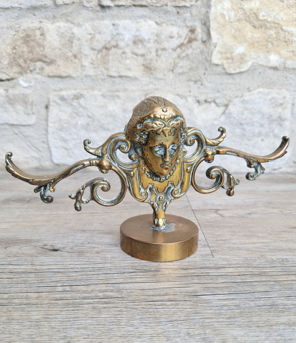 Brass Neo Classical Female Figural Pediment Mounted On Heavy Antique Paperweight