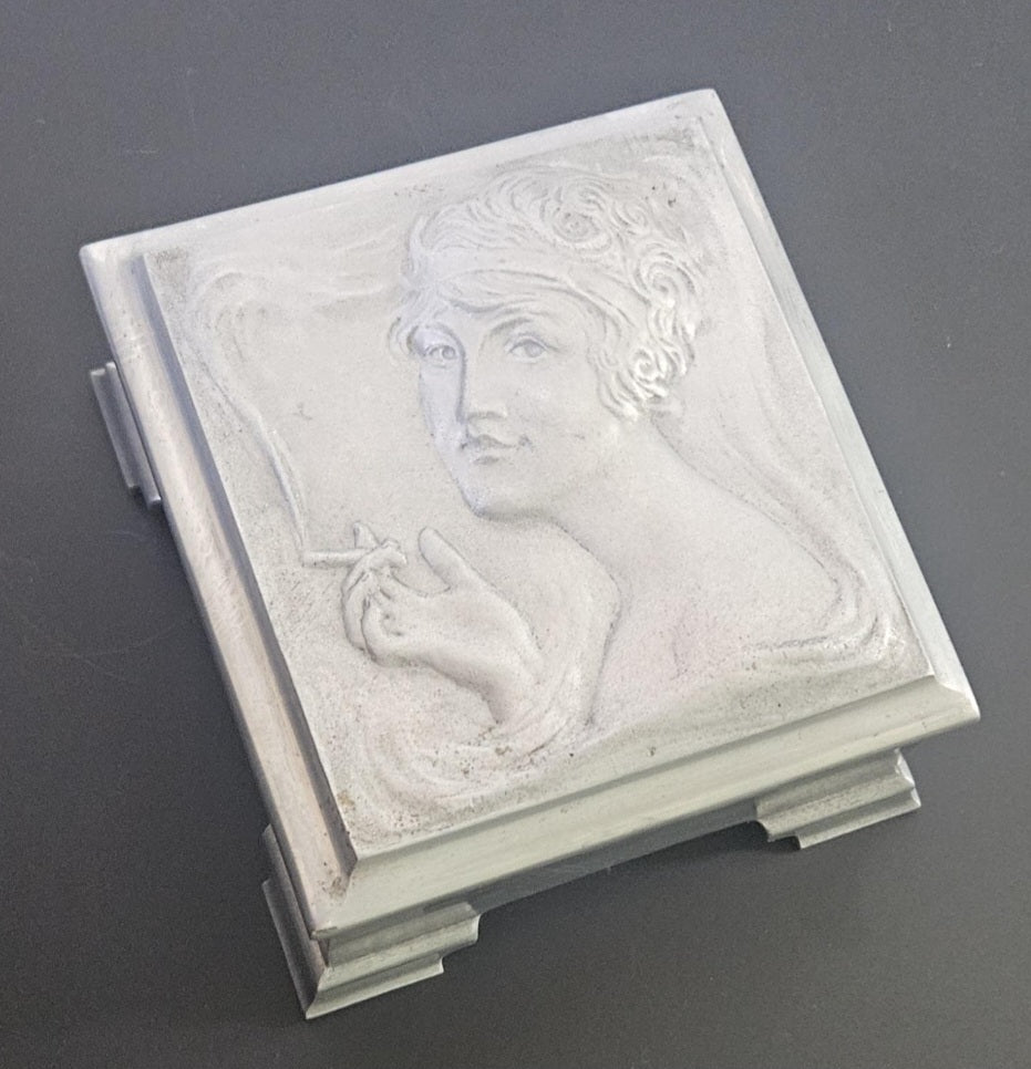 Art Nouveau Lady Aluminium Lidded Box Made in London England Stamped (1905-1924) 13.5cm Square X 6.5cm Tall Arts and Crafts Box