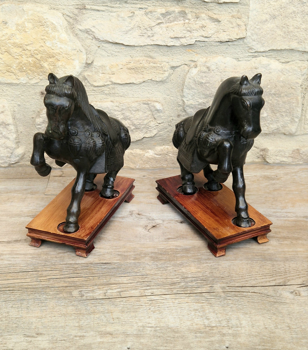 Fine Pair of Vintage Heavy Cast Bronze Tang-Style Chinese Horse Sculptures On Wooden Plinths