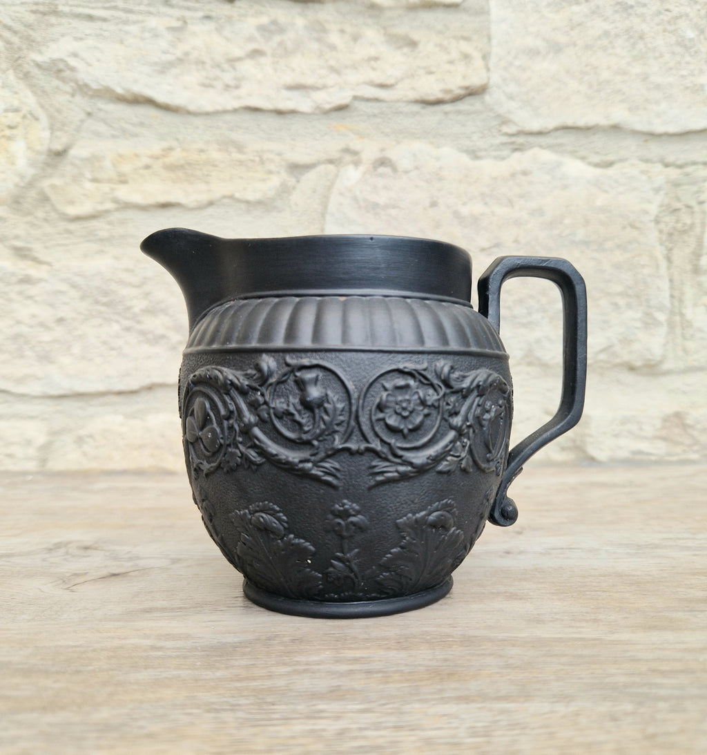 Antique Wedgwood Black Basalt Union Jug Creamer Pitcher Four Home Nations Relief Molded