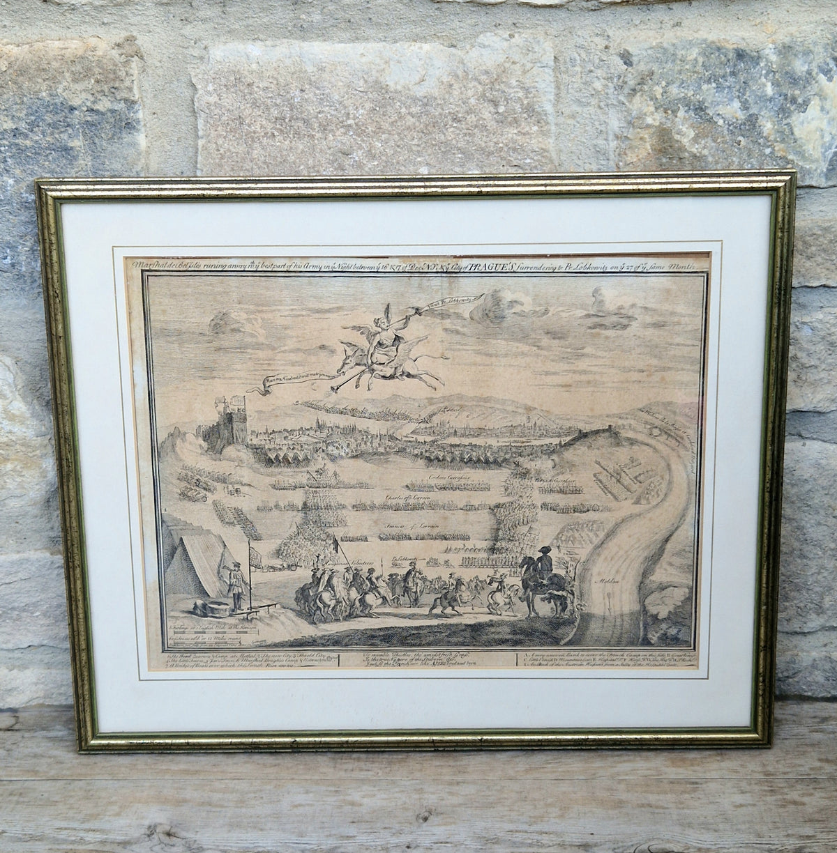 1742 Prague Siege Antique Copperplate Engraving John Bickham Military Battle Map Satire Print Framed