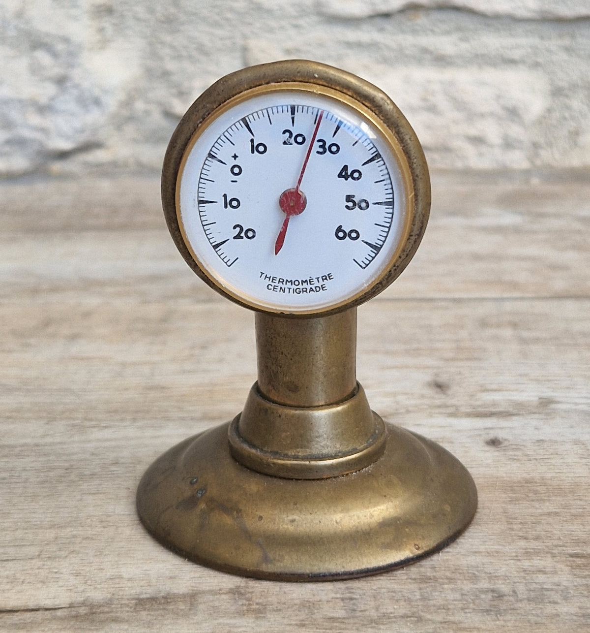 Antique French Brass Tabletop Thermometer, Vintage Industrial Desk Decor Centigrade Gauge