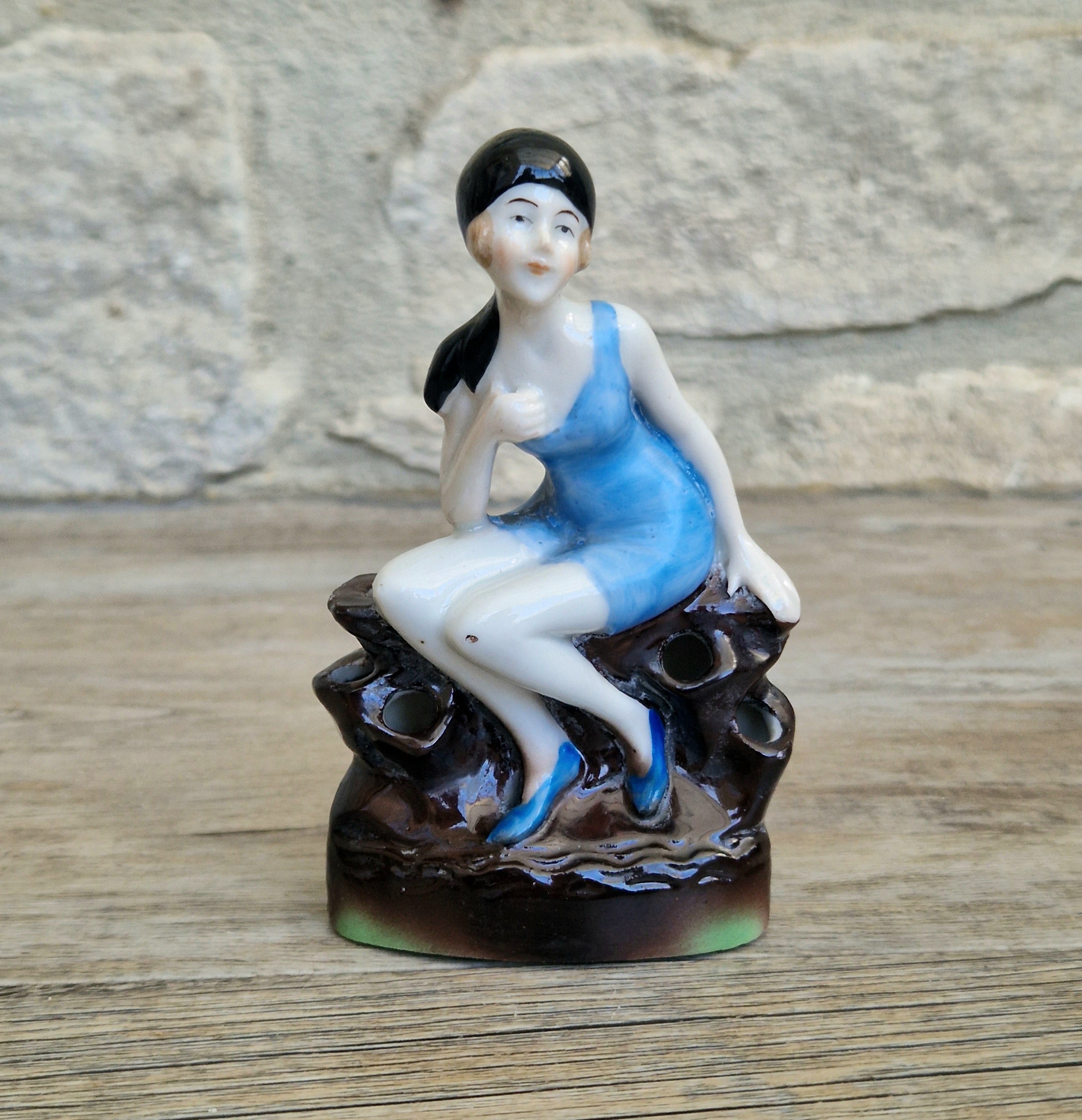 Art Deco Flapper Girl Bathing Belle Figure Ornament Ceramic Hat Pin Holder Continental 1930's