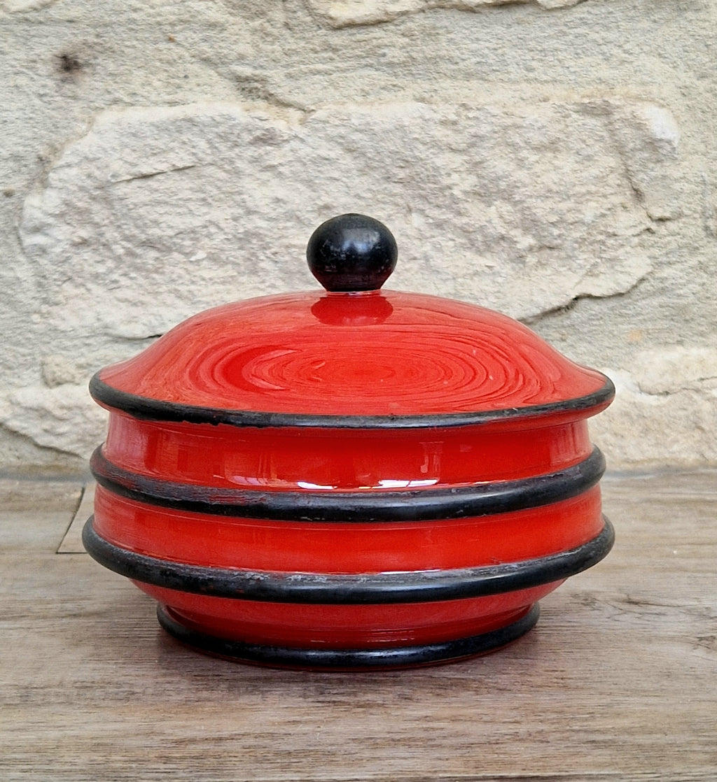 Art Deco Bohemian Red Black Hooped Glass Powder Box Covered Vanity Jar Jar Lid 12cm