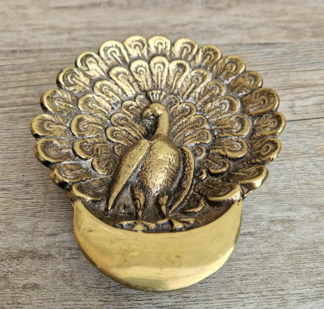 Vintage Brass Peacock Trinket Dish Ornate Bird Jewelry Tray Gold Tone Decor
