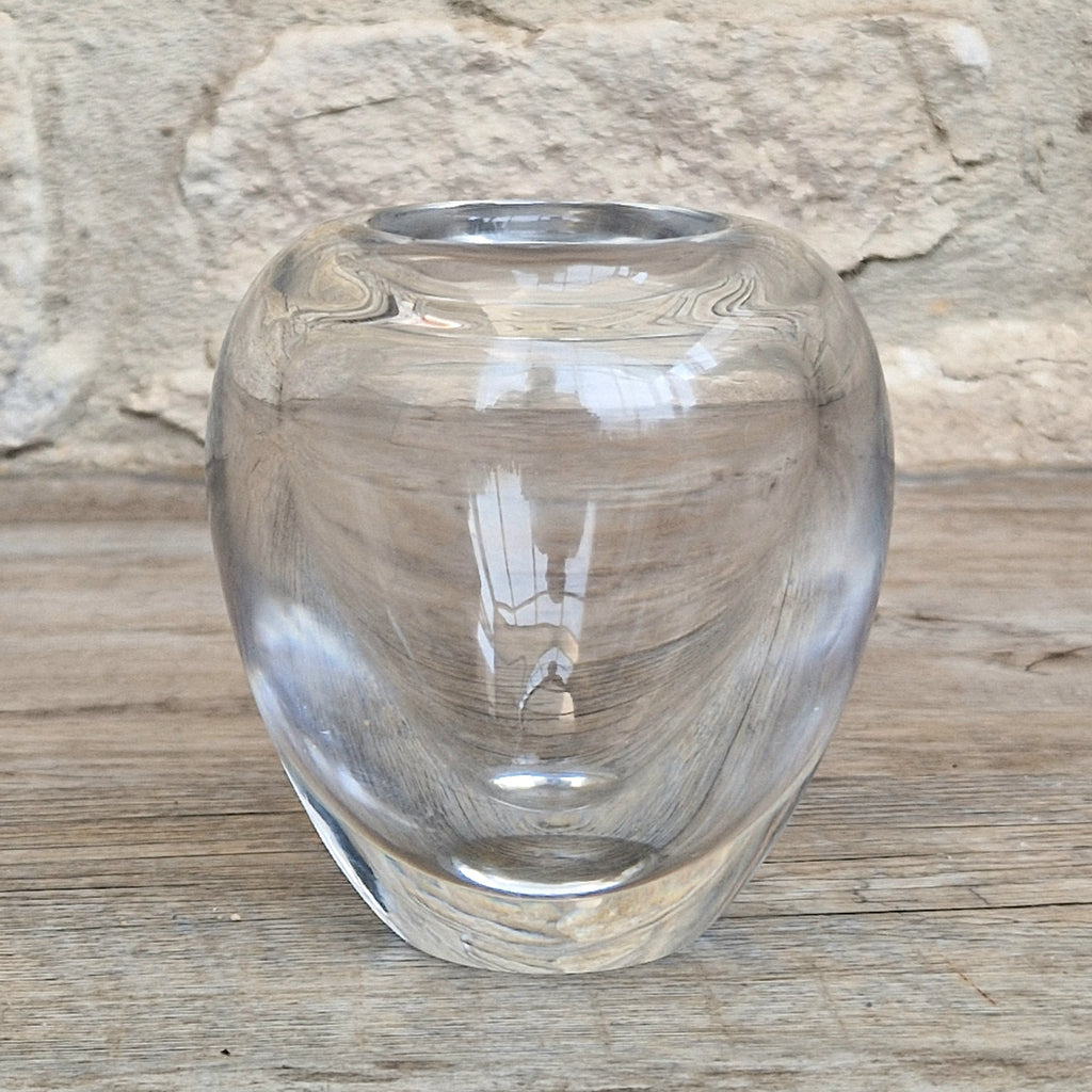 Heavy Mid-Century Clear Hand-Blown Art Glass Ovoid Vase With Polished Frosted Ring Base