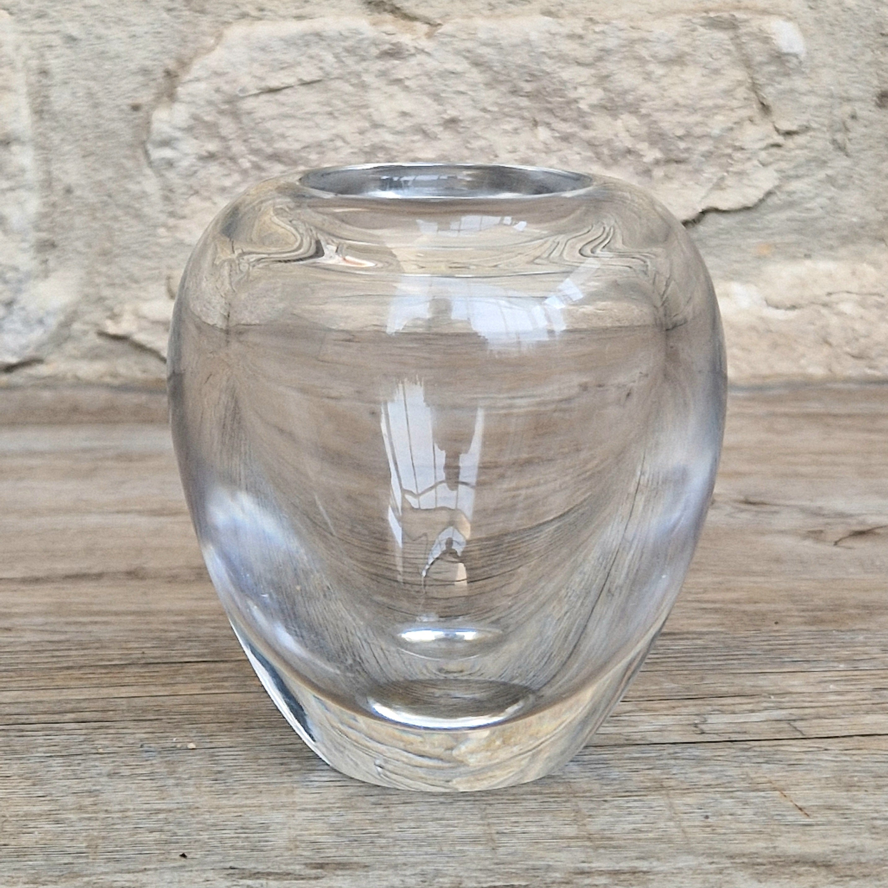 Heavy Mid-Century Clear Hand-Blown Art Glass Ovoid Vase With Polished Frosted Ring Base