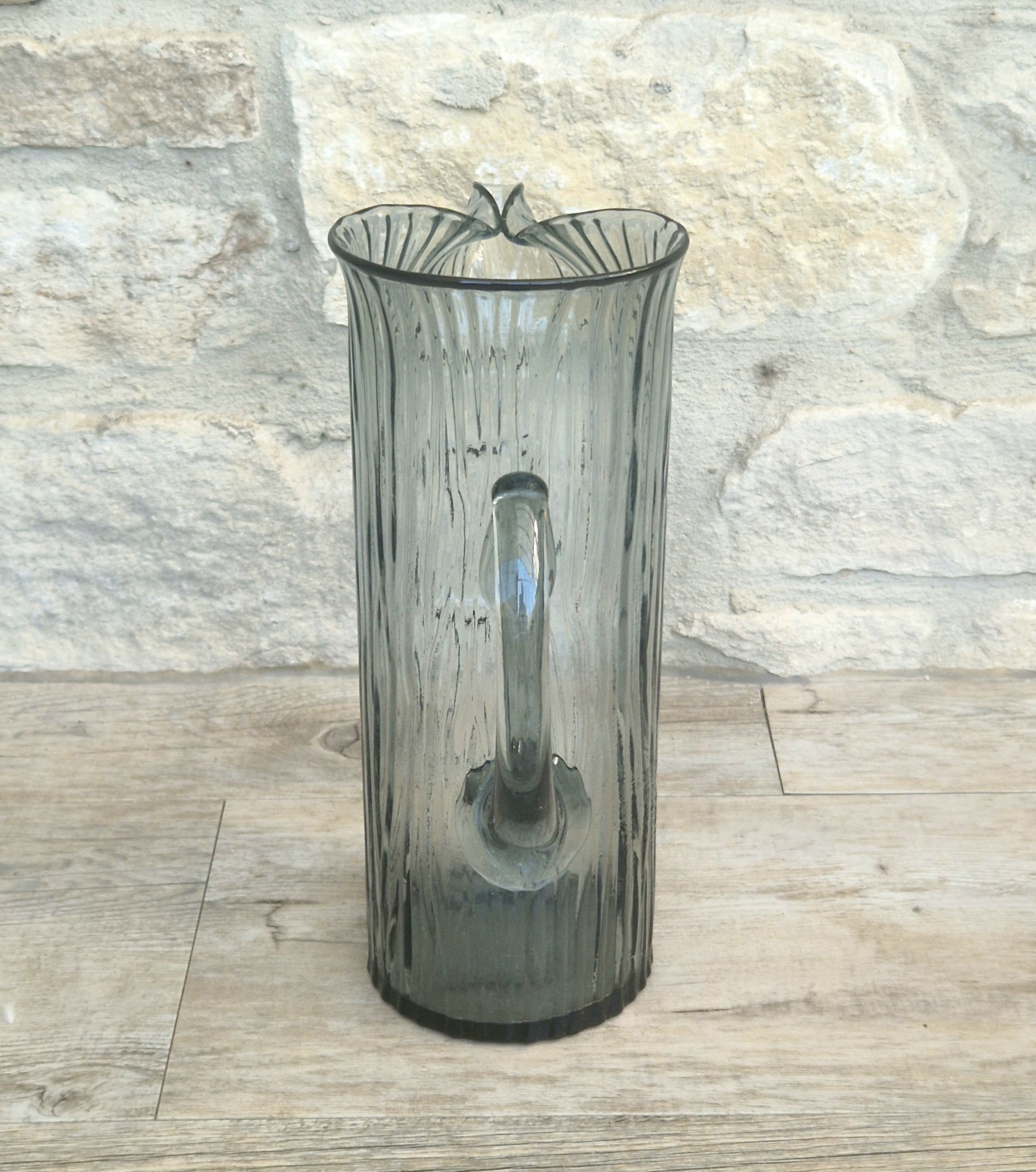Björkshult Glassworks Sweden Hand Blown Mid Century Textured Smoke Glass 'Viking Pitcher Large